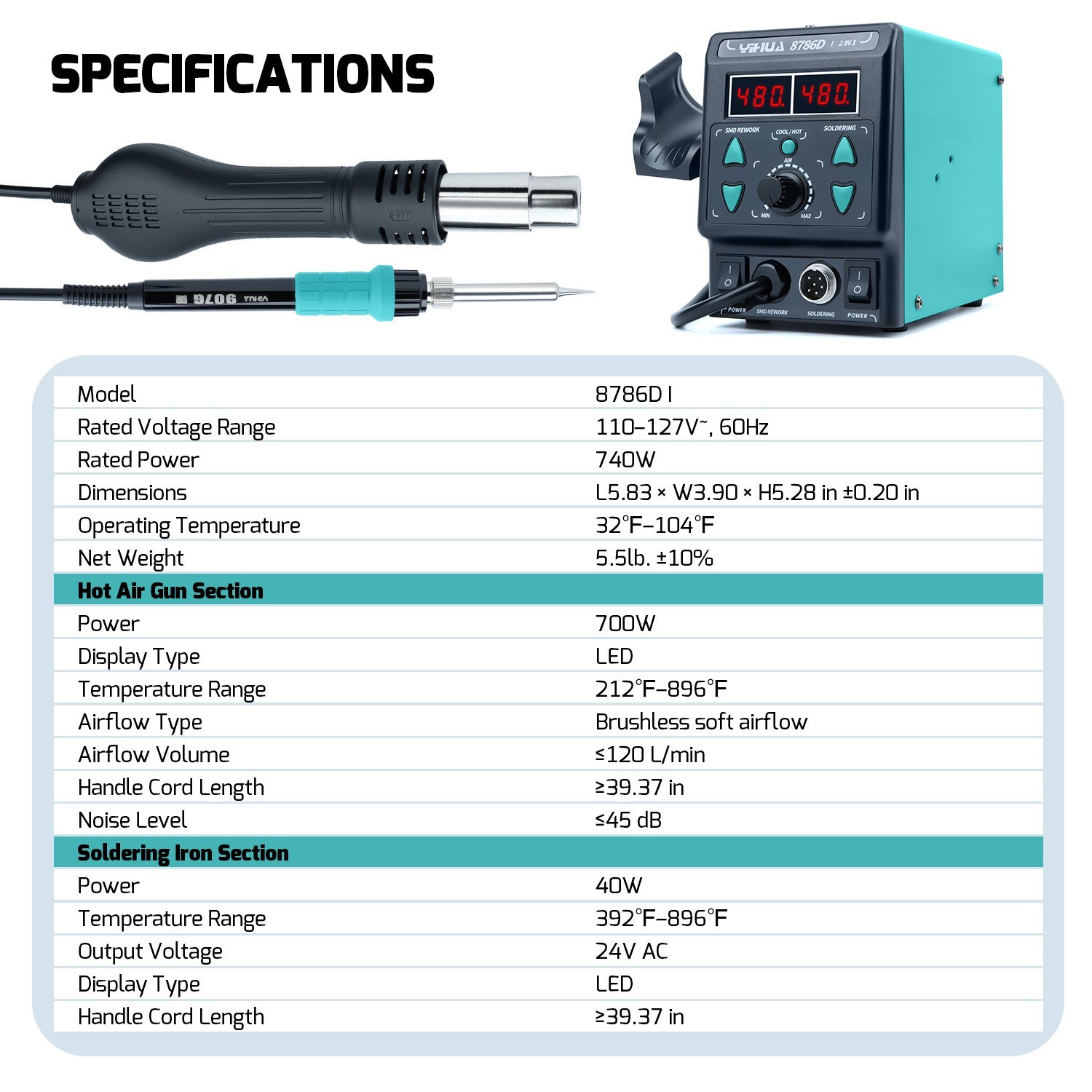 YIHUA 8786D-I Dual LED Digital Soldering Station with Hot Air Desoldering Rework