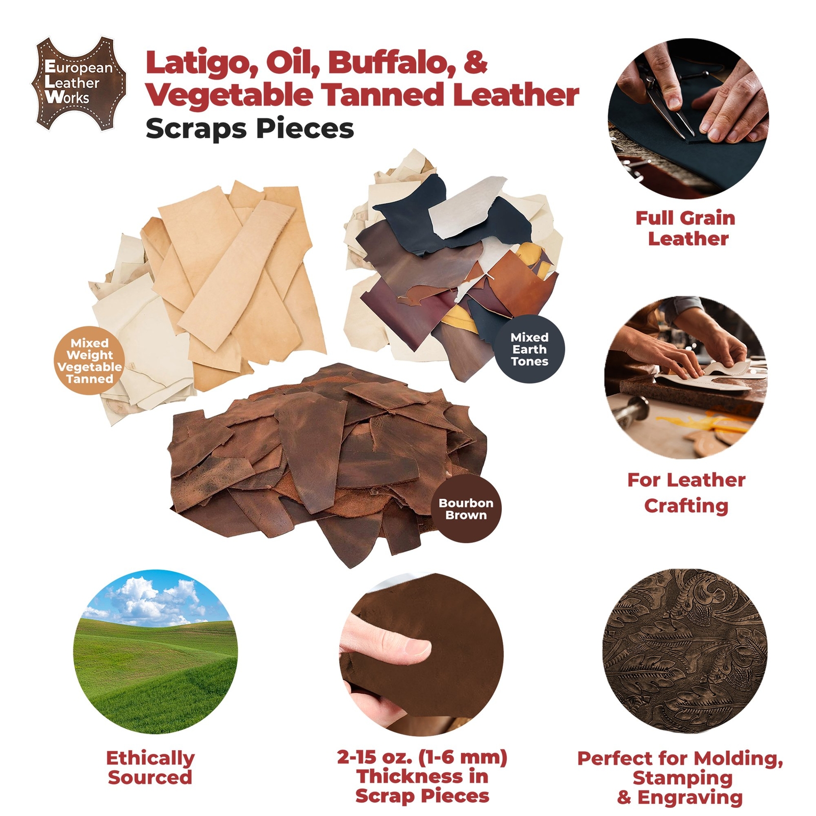 ELW Vegetable & OilTanned Leather Scraps 2-15 oz (1.4-6mm) 1-30 lb Sizes