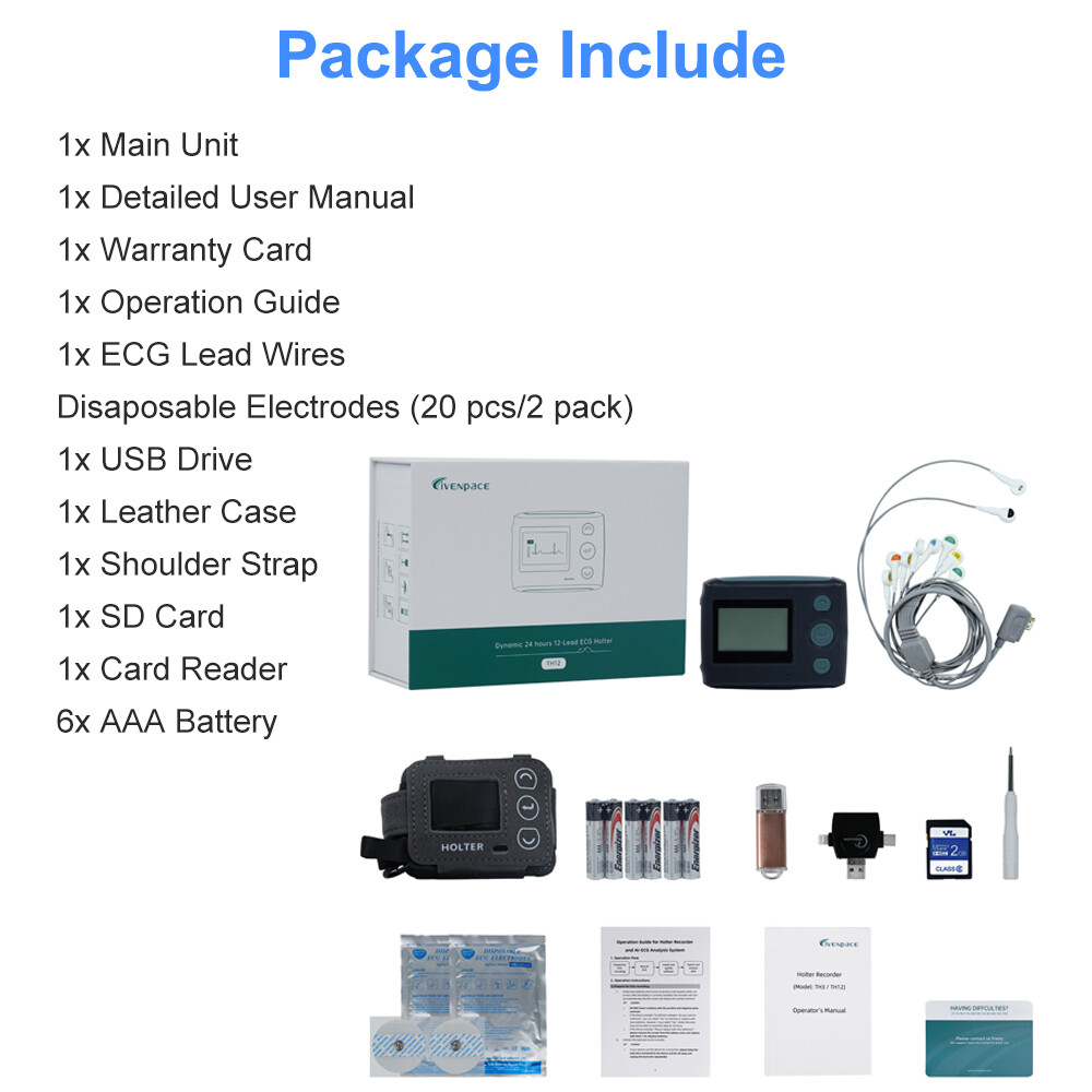12 Lead Holter Monitor Recording 24h ECG and Heart Rate AI Analysis Abnormal ECG