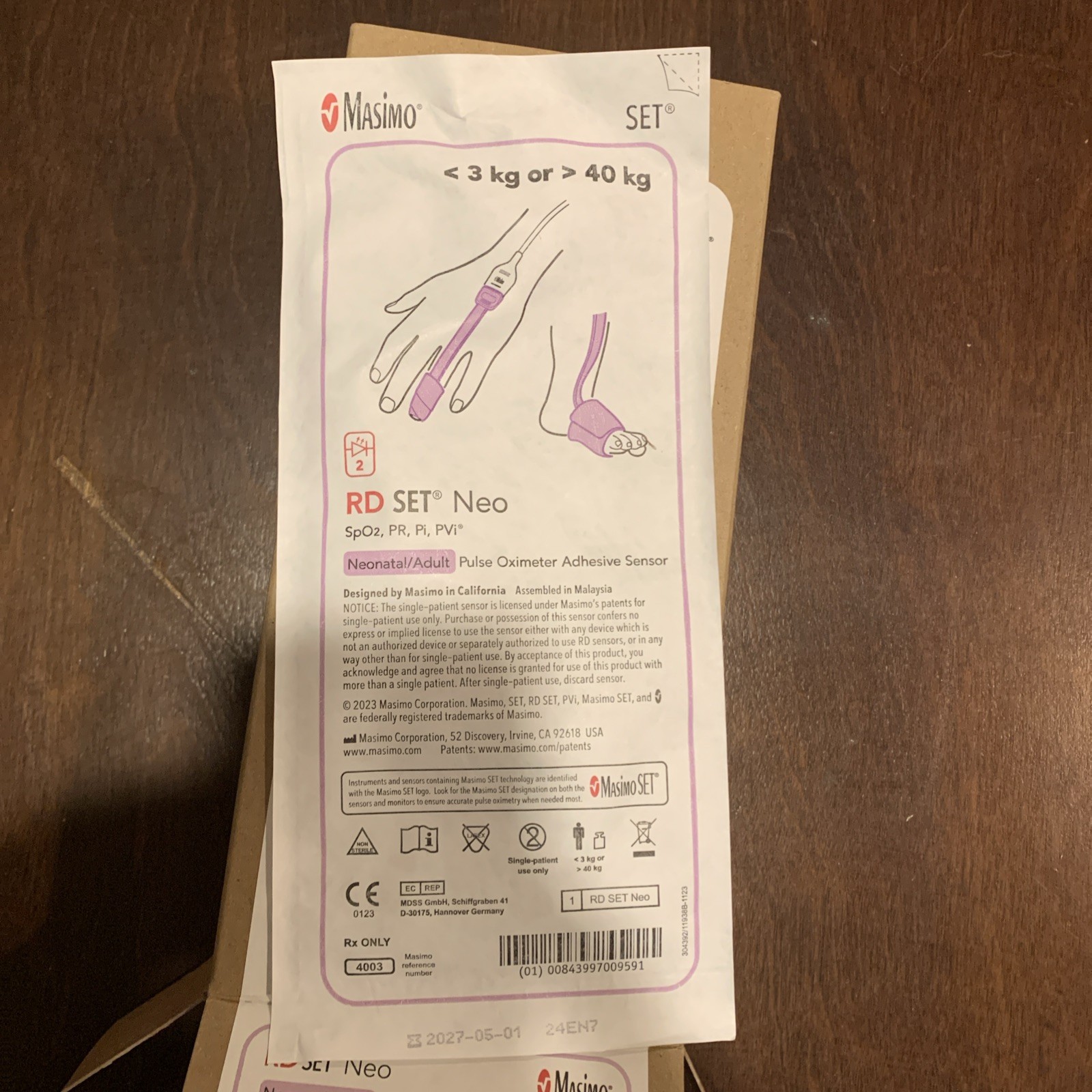 Masimo RD Set Neo Pulse Oximeter Adhesive Sensor 3kg-40kg REF 4003 Exp Aug 2027
