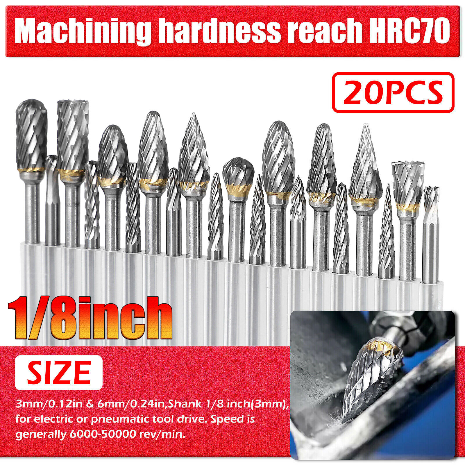 20Pcs Tungsten Carbide Steel Rotary Burr Die Grinder Bit 1/8in Shank Carving Set