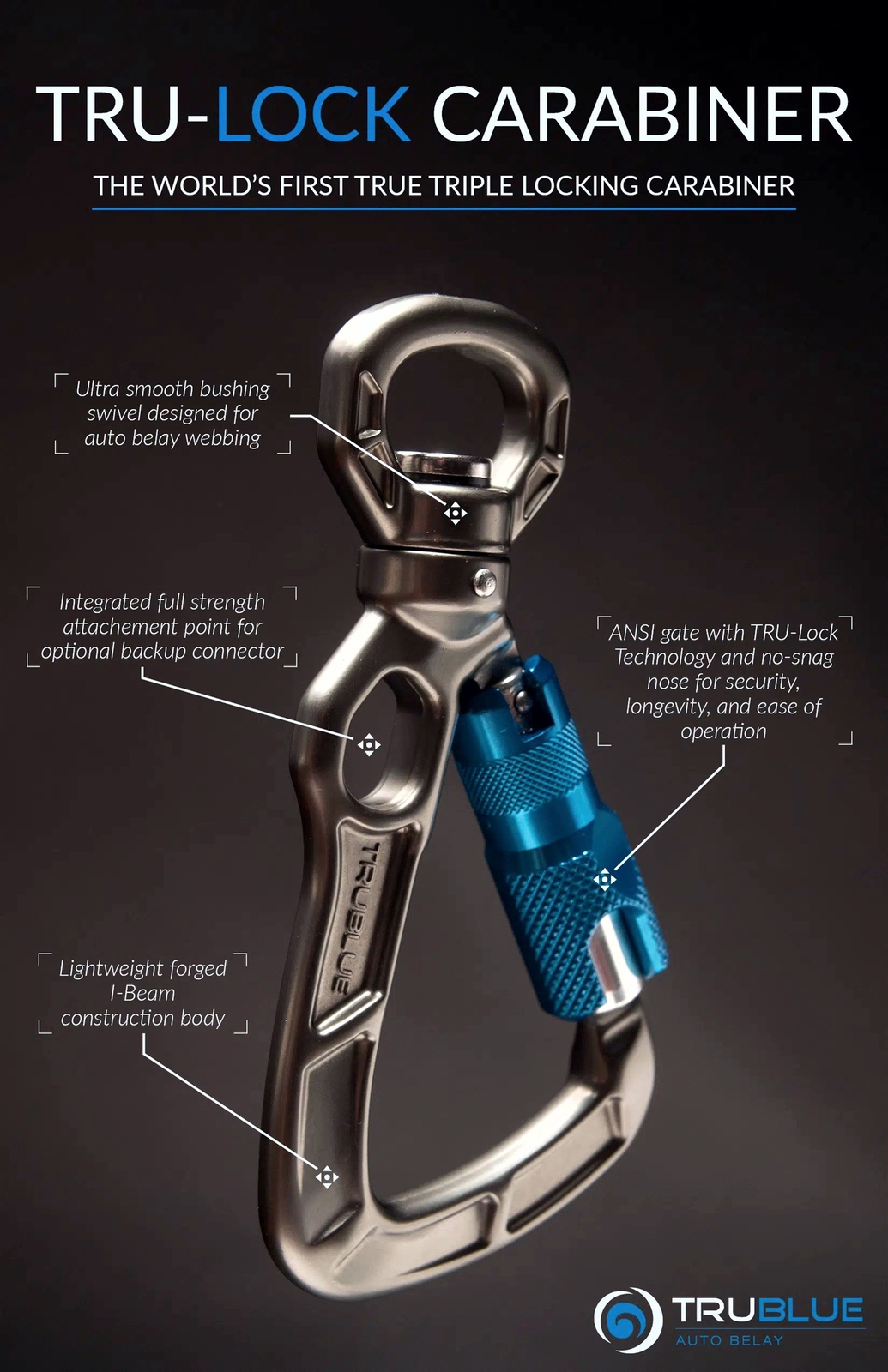 1 TruBlue TRU-LOCK TRIPPLE LOCKIONG FORGED ALUMINIUM CARABINER W. SWIVEL BASE