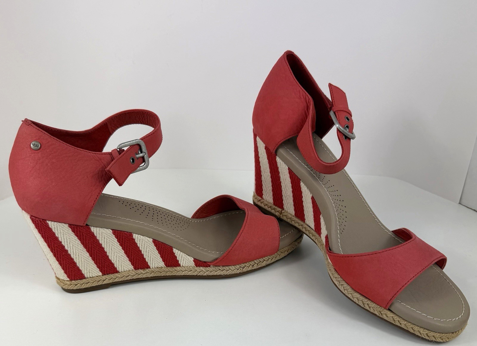 UGG Womens 10 Wedge Sandals Atasha Stripe Coral Ankle Strap Espadrille
