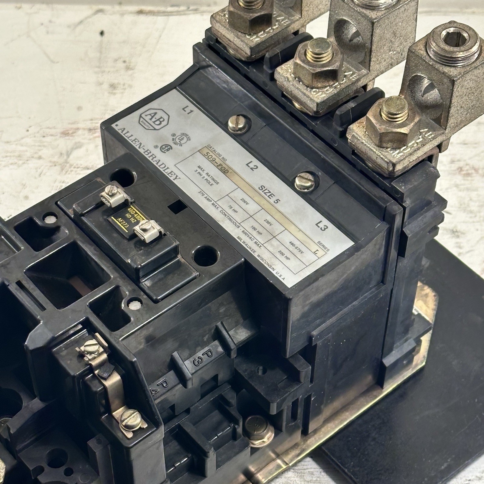 ALLEN BRADLEY SIZE 5 MOTOR STARTER 509-FOD COIL 120 V 200 HP SERIES L 270A