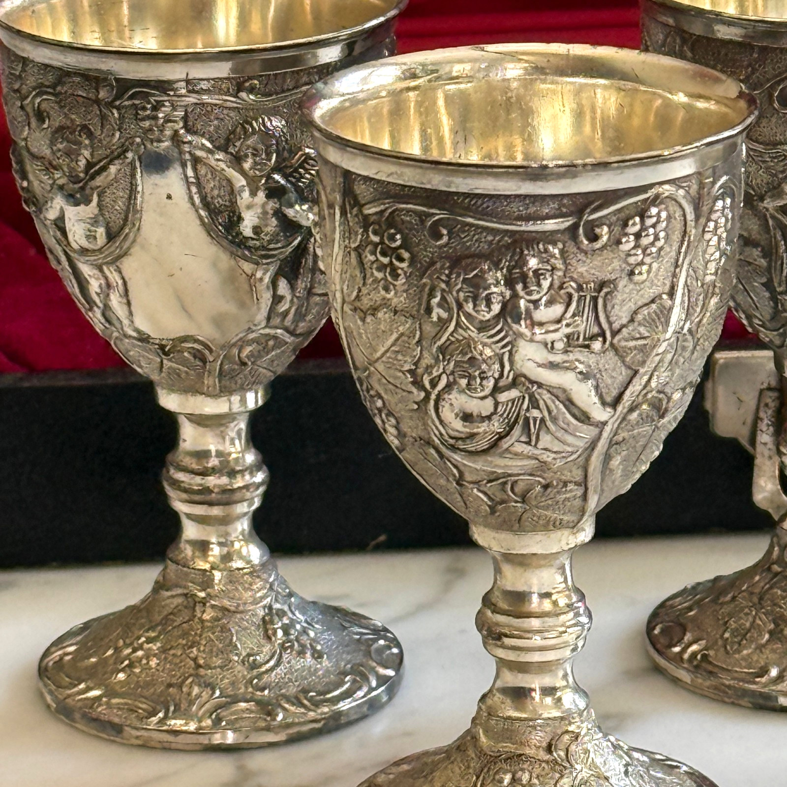 Vintage Victorian Barware with Cherub & Grapes - 4 Small Plated Wine Goblets