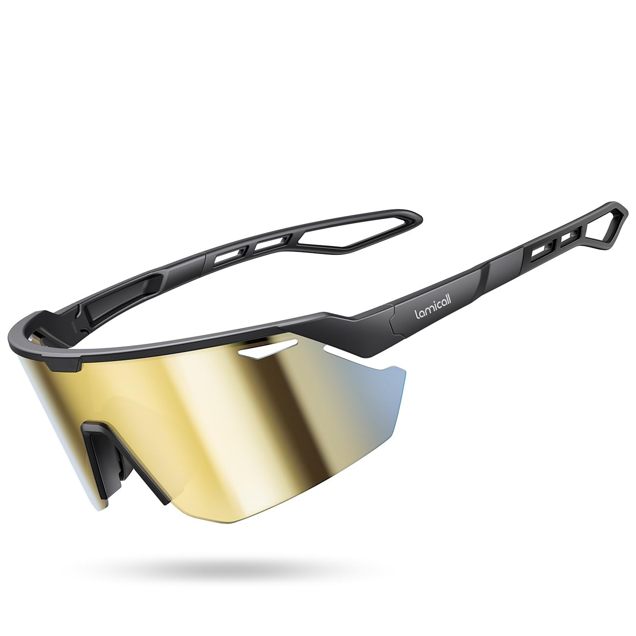 Lamicall Polarized Sports Sunglasses for Men Women, Black Frame-gold Lens