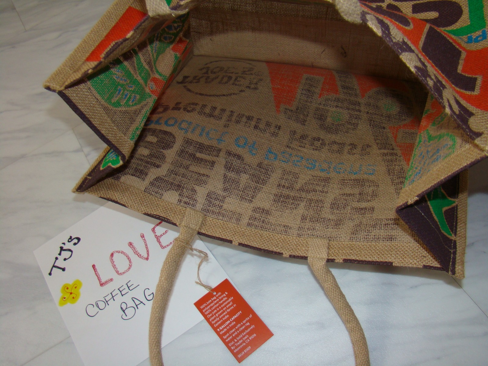 New Trader Joe's Pasadena Coffee Beans Reusable Shopping Grocery Jute Burlap Bag