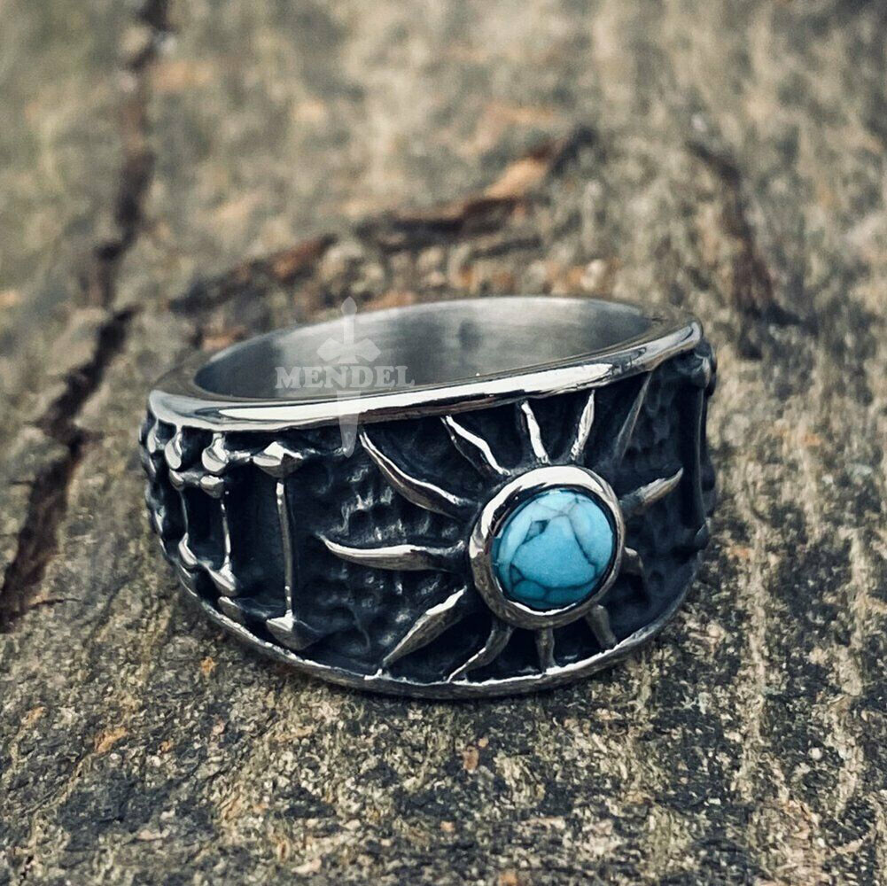 MENDEL Mens Sun Turquoise Biker Band Ring Stainless Steel Size 7 8 9 10 11 12-15