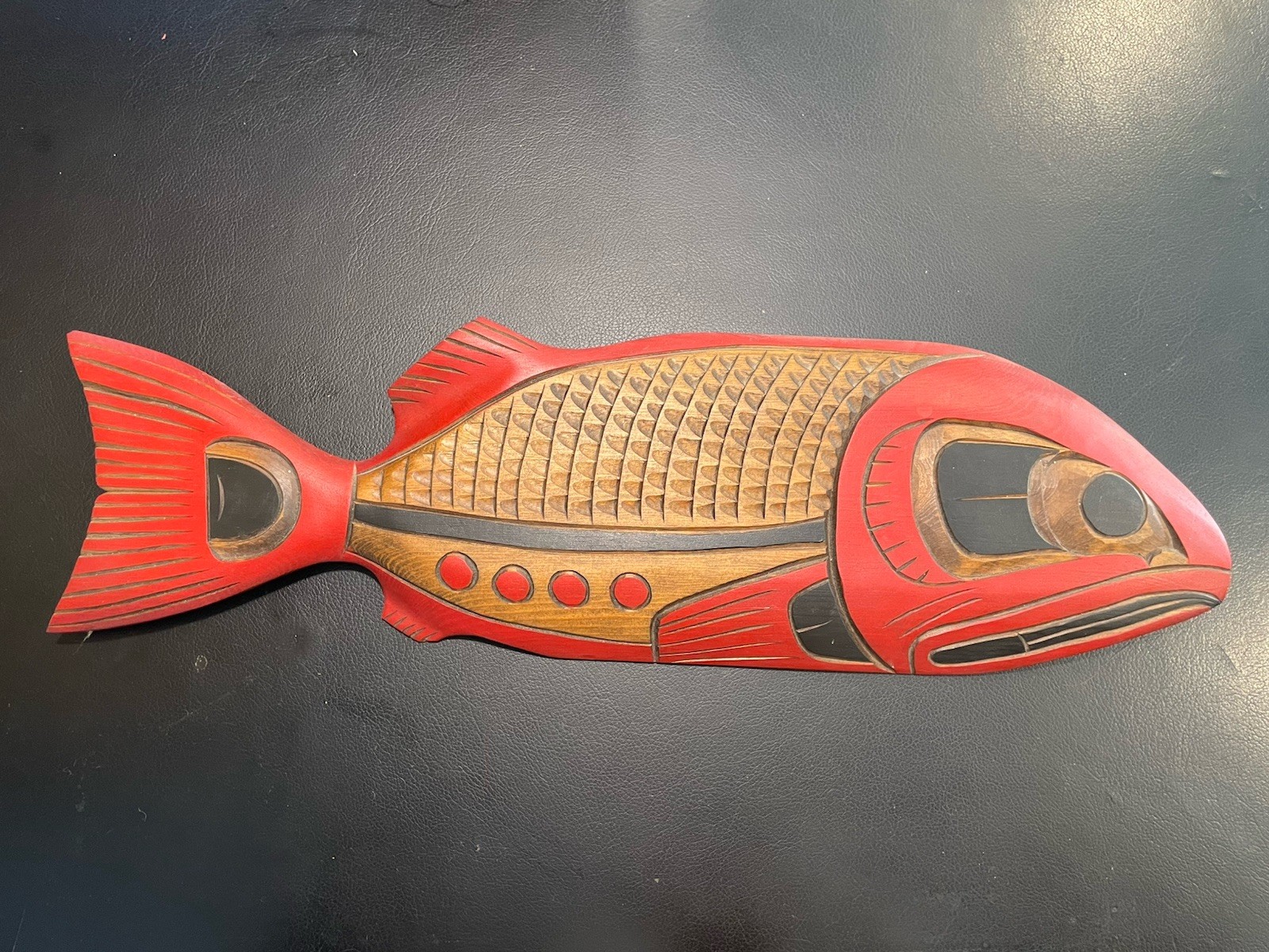 Northwest Carved Cedar Salmon Plaque Signed Demsey Willie