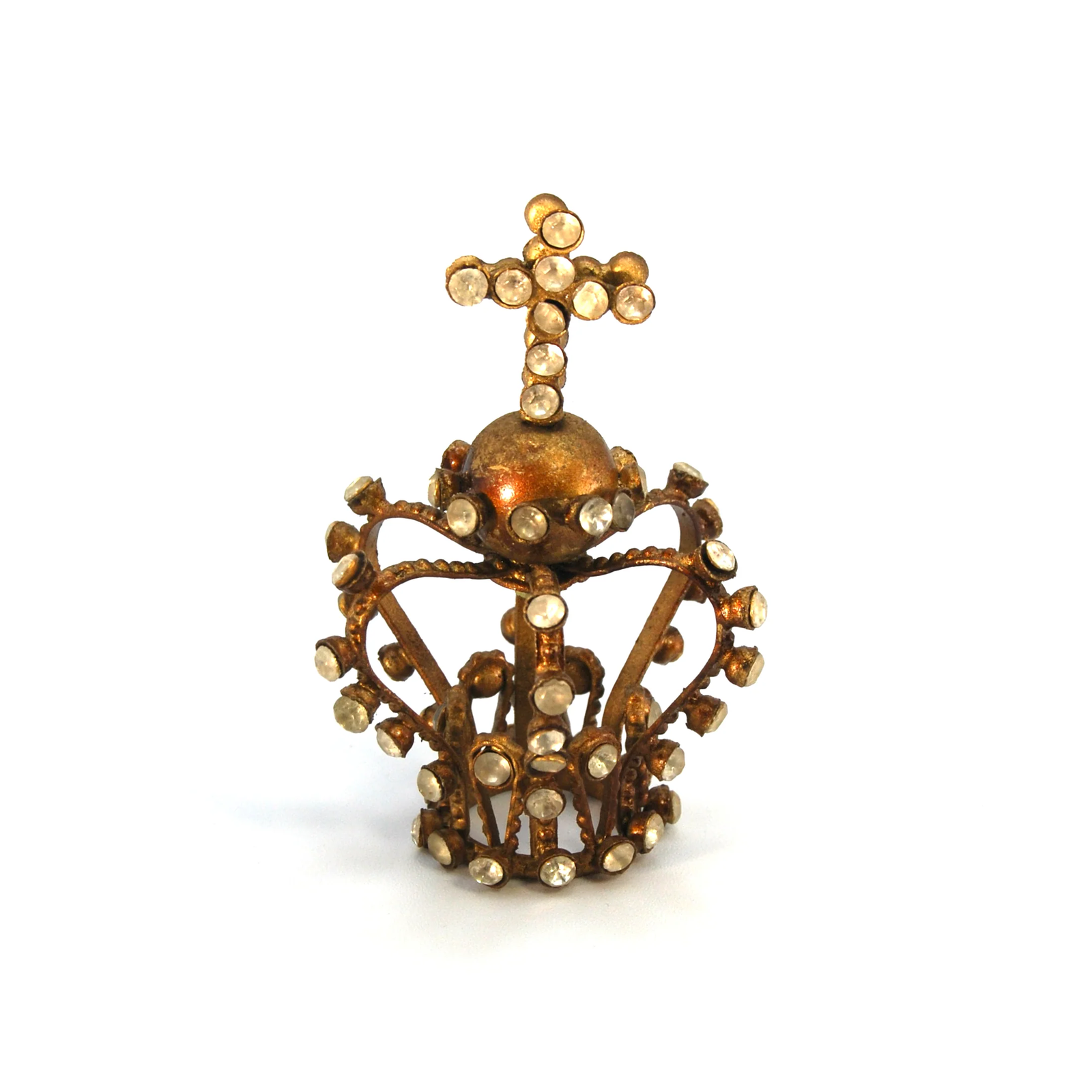 1in Tiny Jeweled Santos Kings Crown, Ornate Antiqued Gold Rhinestone Orb and Cro