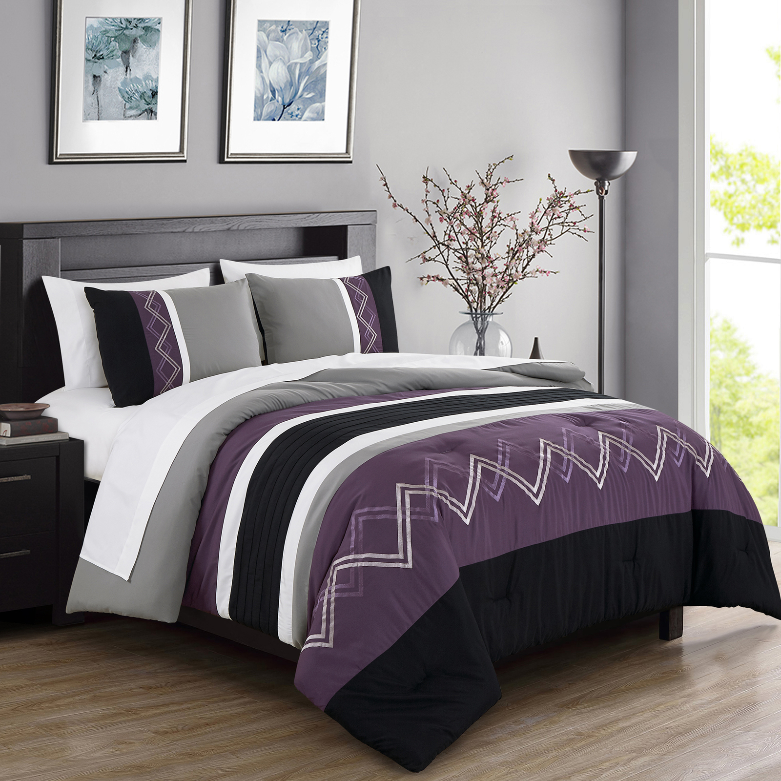 Chezmoi Collection 7-Piece Bed in a Bag Zigzag Embroidery Striped Comforter Set