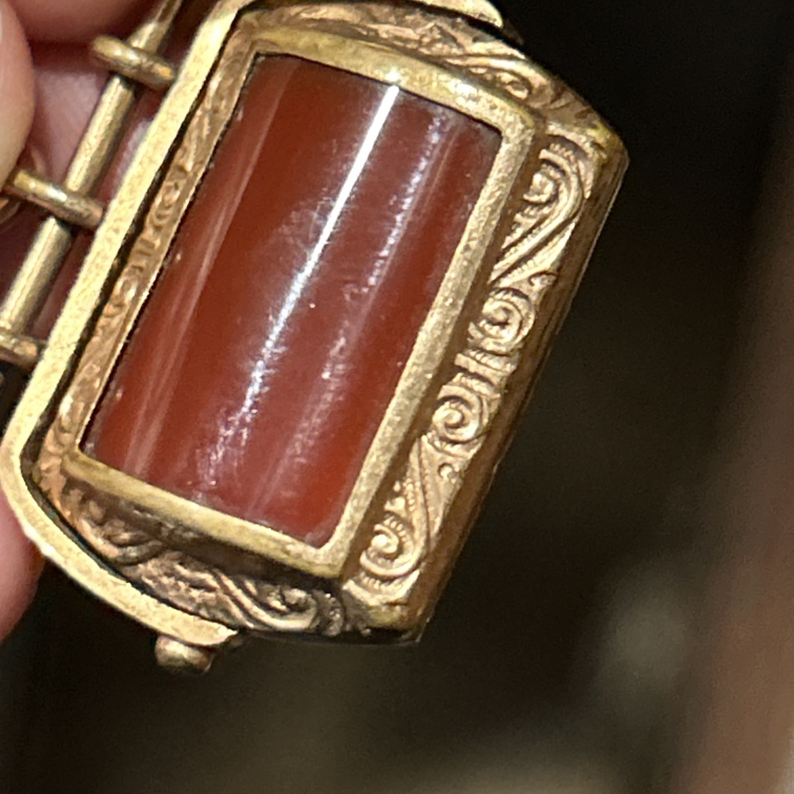 Vintage CHARNIER 1/10 Watch Chain Rose GF Abalone Carnelian Spinner GF Fob 11”