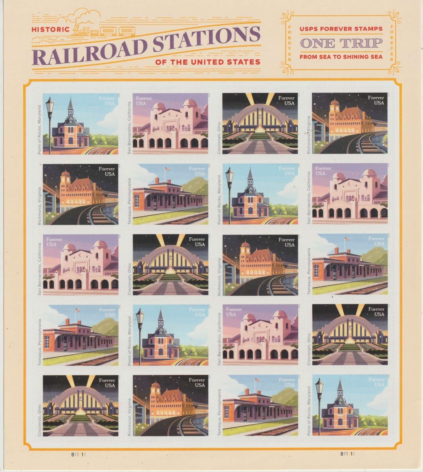 Sheet of 20 USPS Historic Railroad Stations of The US 1 ounce rate Stamps