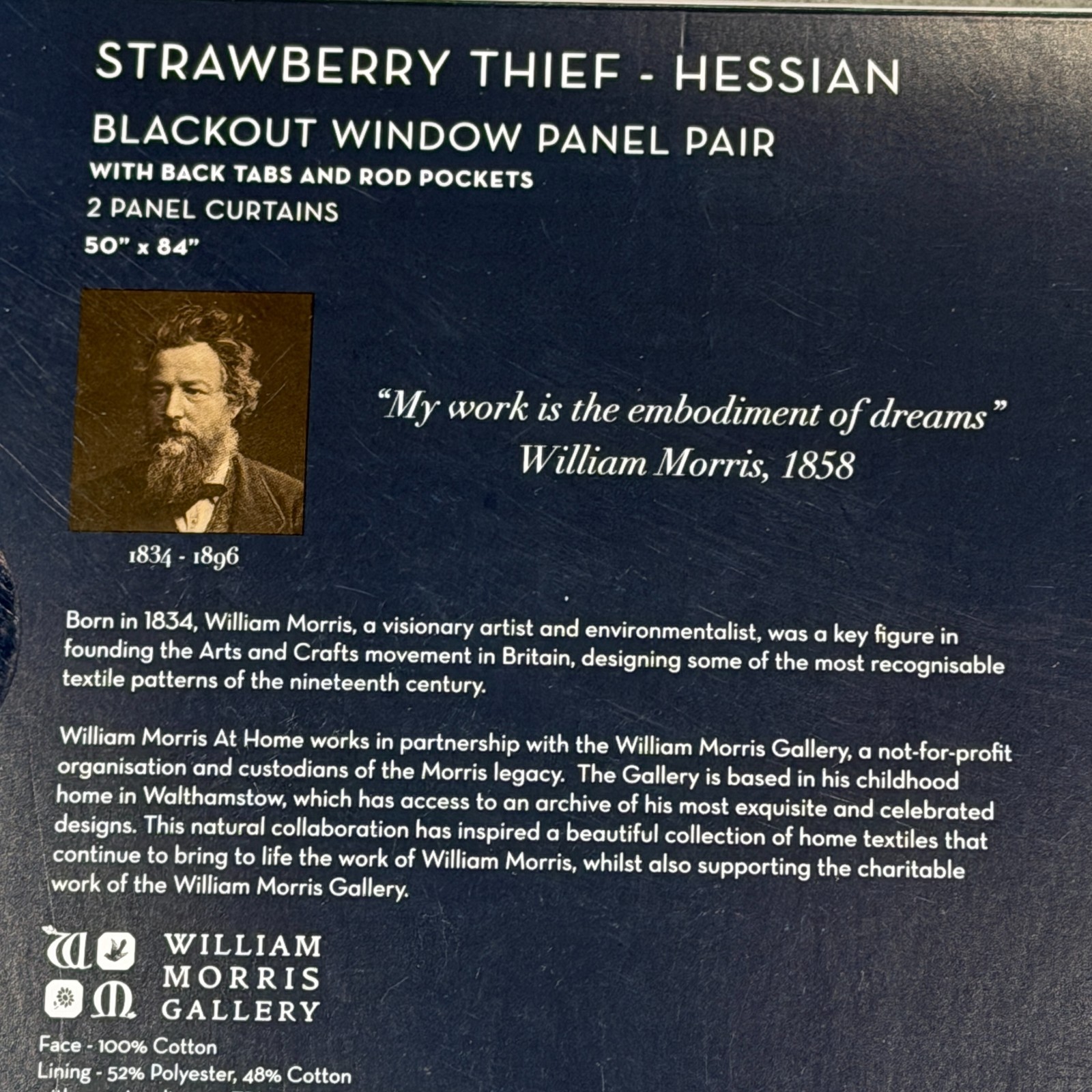 William Morris Strawberry Thief Hessian Blackout Curtain Panel Pair 50"x84” NEW