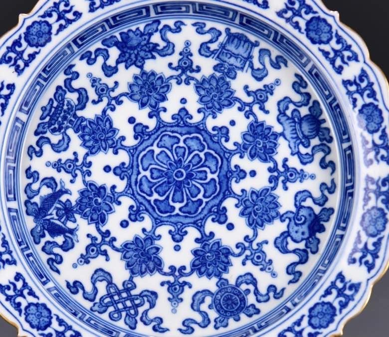 7'' YongZheng Marked Blue white Porcelain 8 Auspicious Symbol Tray Dish Plate