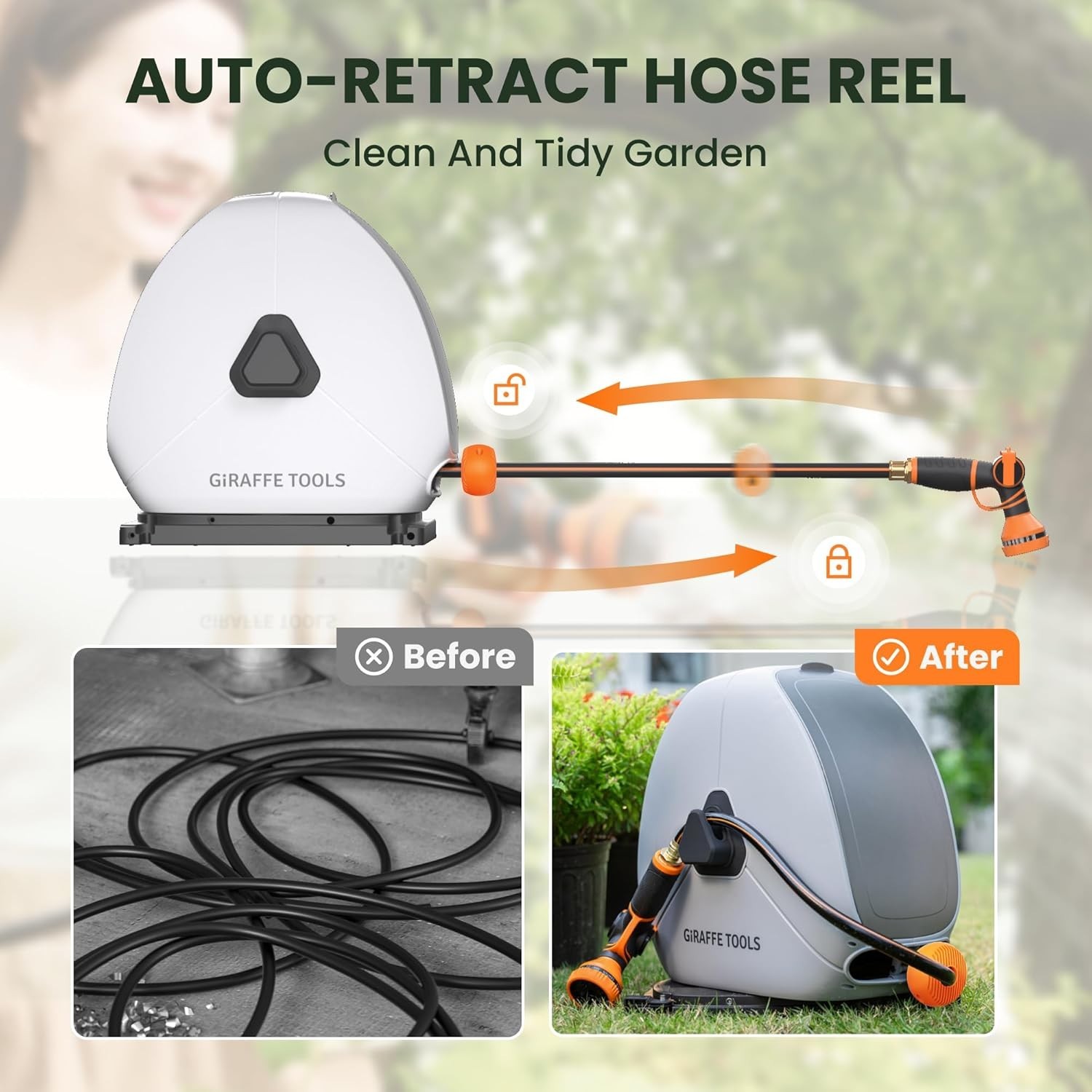 Giraffe Tools Ground Mounted Retractable Garden Hose Reel w/ 82-130FT Water Hose