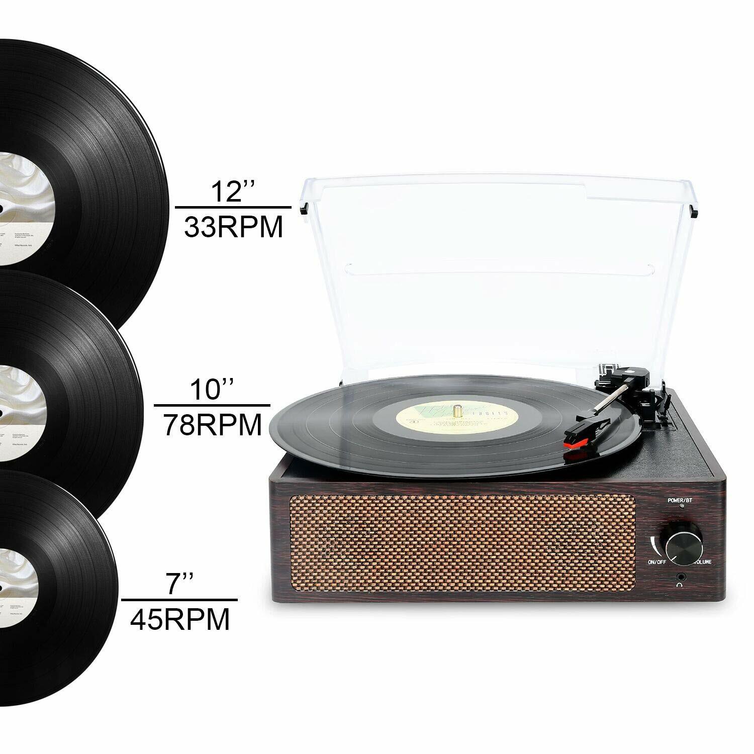 Bluetooth Vintage Vinyl Record Player Belt-Driven 3-Speed Turntable Aux Input