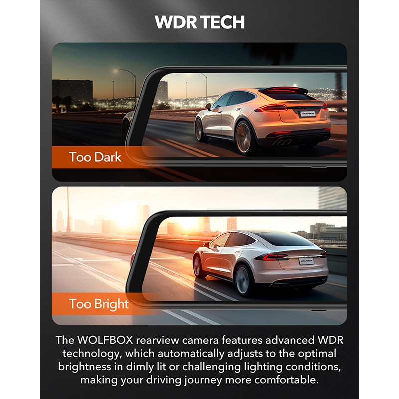 WOLFBOX G840H 12'' Mirror Dash Cam 2.5K+1080P With WiFi, GPS, Loop Recording