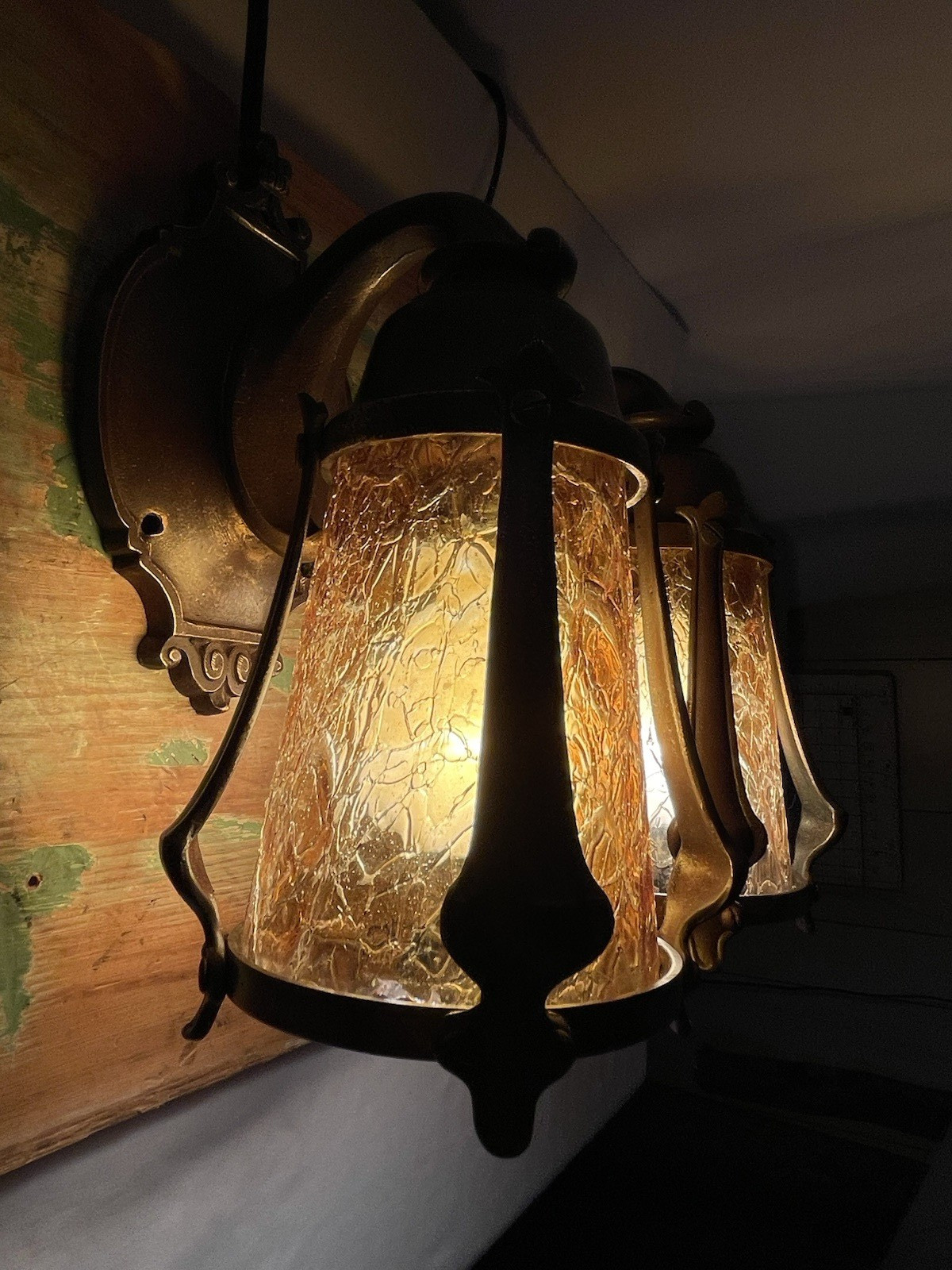 RESTORED Pair Antique Vtg Tudor Arts Crafts Wall Sconces Amber Glass Porch Light