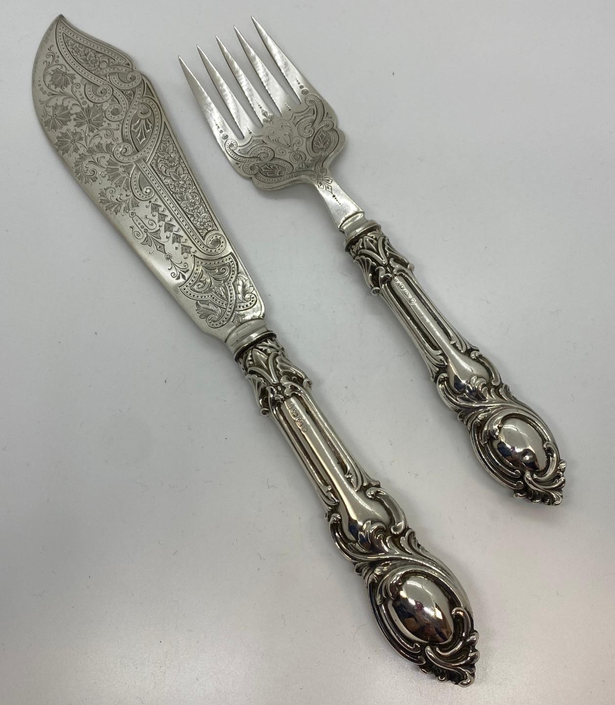 John Gilbert Sterling Silver Birmingham Fish Serving Set 1860s No Monogram