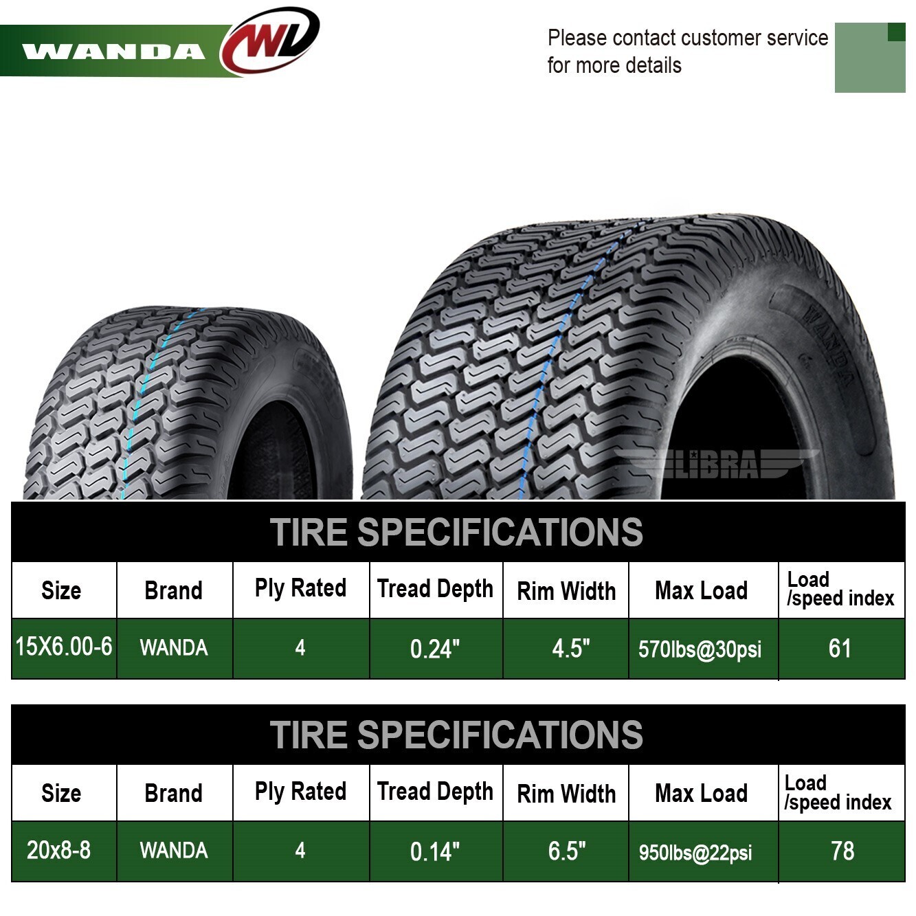 Set 4 WANDA 15X6-6 & 20X8-8 Lawn Mower Tractor Cart Turf Tires 4 Ply-13016/13035
