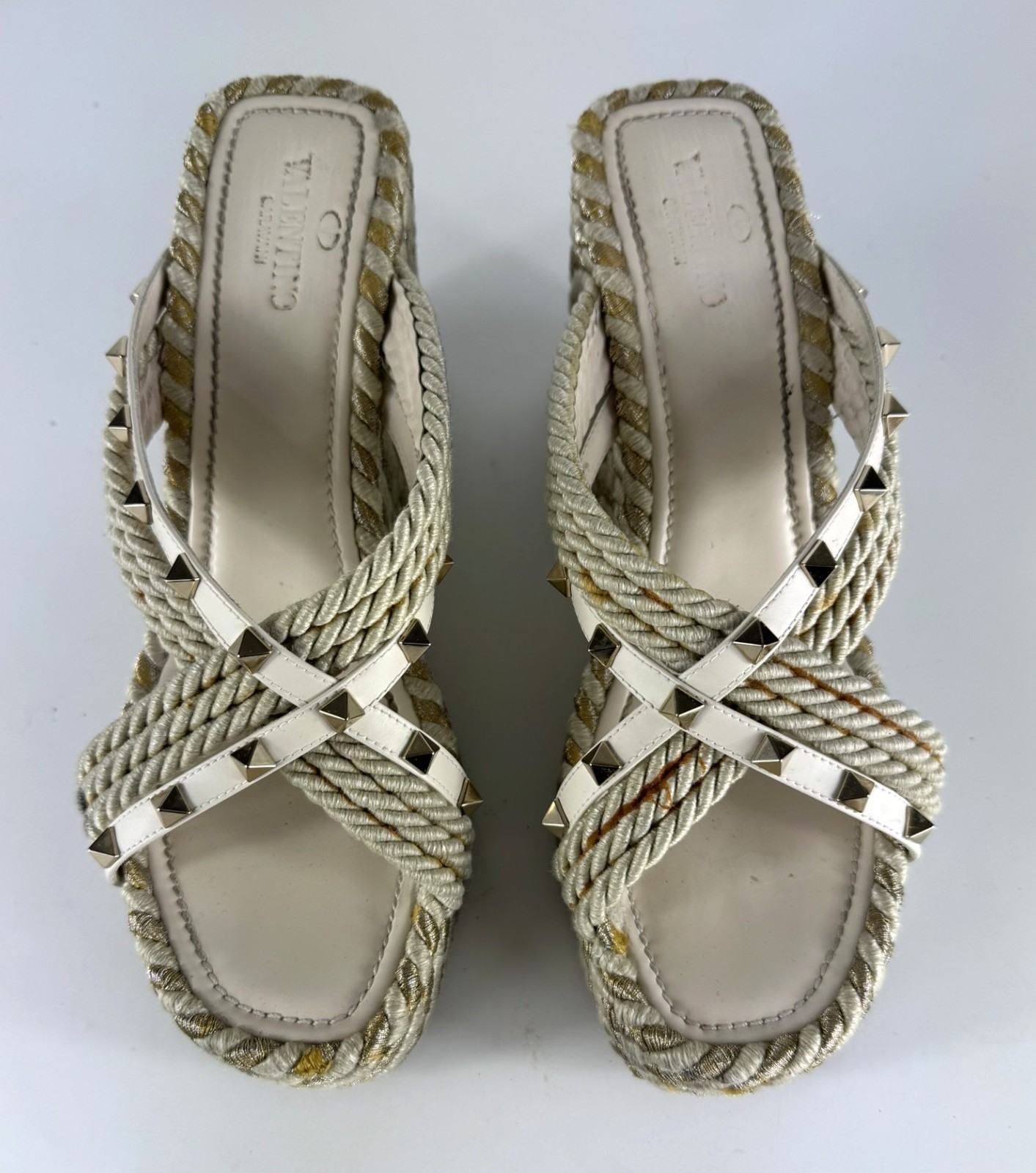 Valentino Rockstud Torchon Espadrille Ivory Striped Wedge Sandal EU 41 US 11