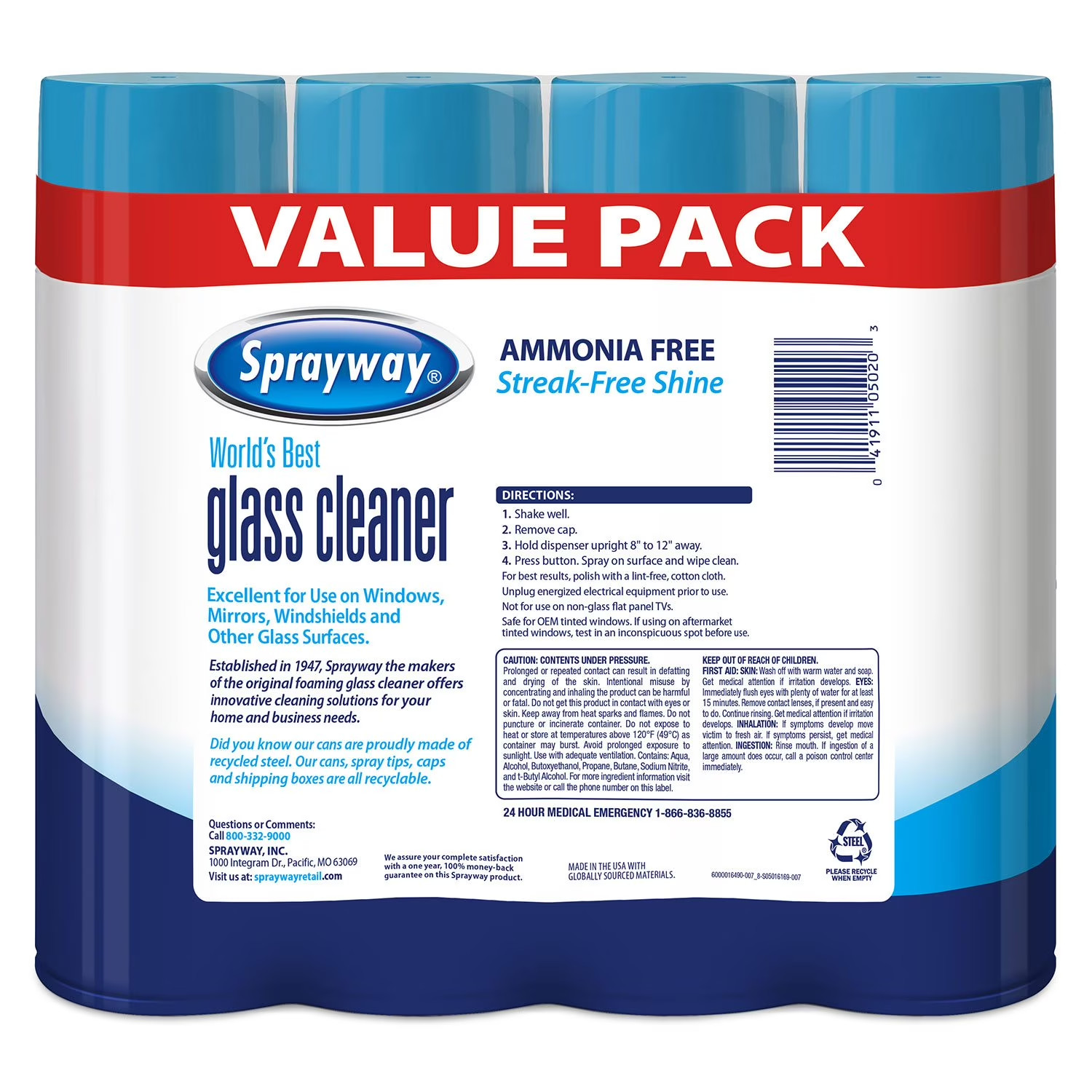 Sprayway Glass Cleaner 19 Ounce Pack of 4 Streak Free Shine - FREE SHIPPING