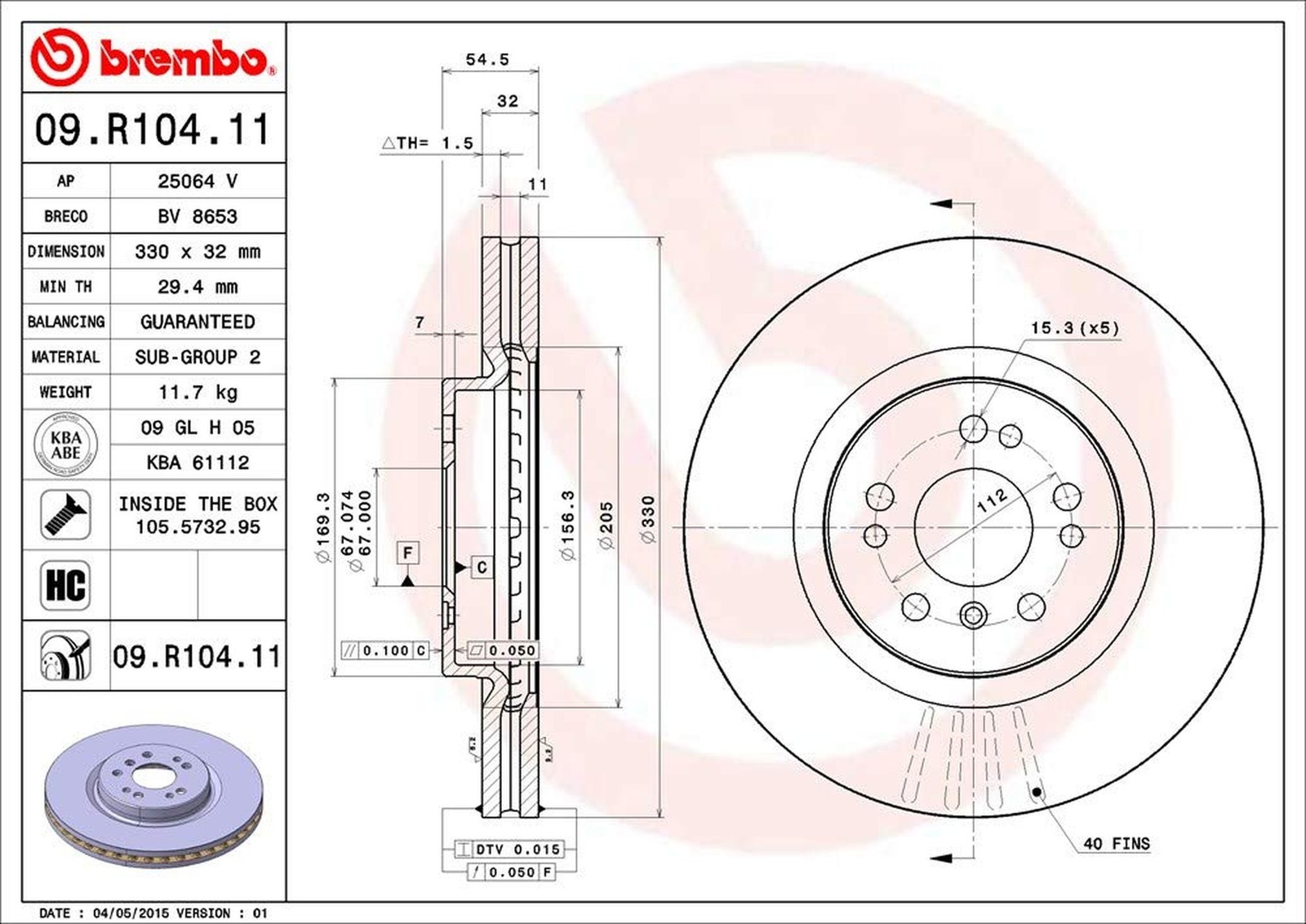 Brembo 09.R104.11 UV Coated vented Front Brake Rotor MERCEDES-BENZ OE# A16442...