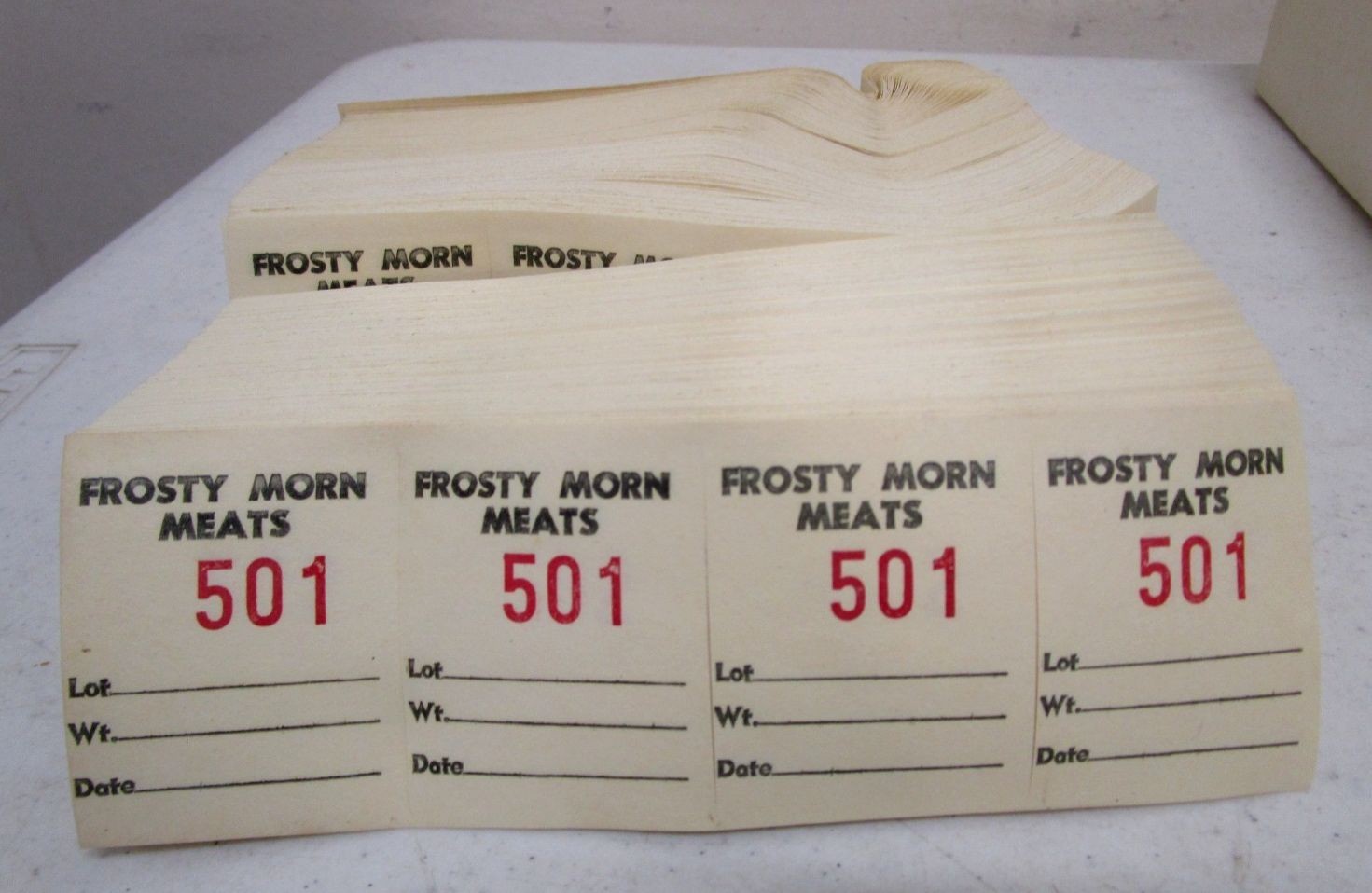 VINTAGE NOS FROSTY MORN MEATS FOOD GROCERY STORE 1-1000 PAPER TAGS