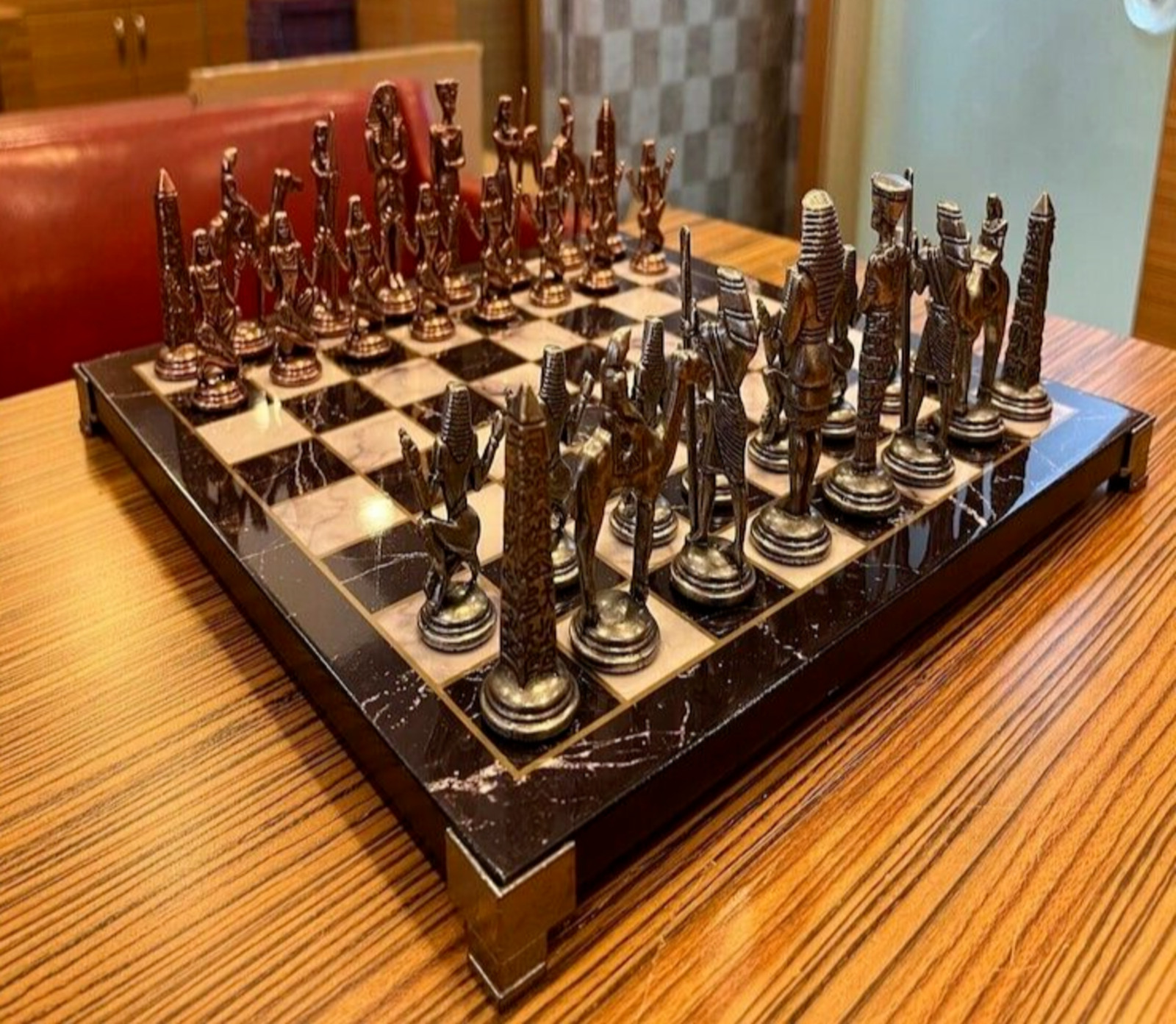 XL Antique Cleopatra Pharaoh Chess Set Marble Wooden Board Handmade 🎁 Gift Idea