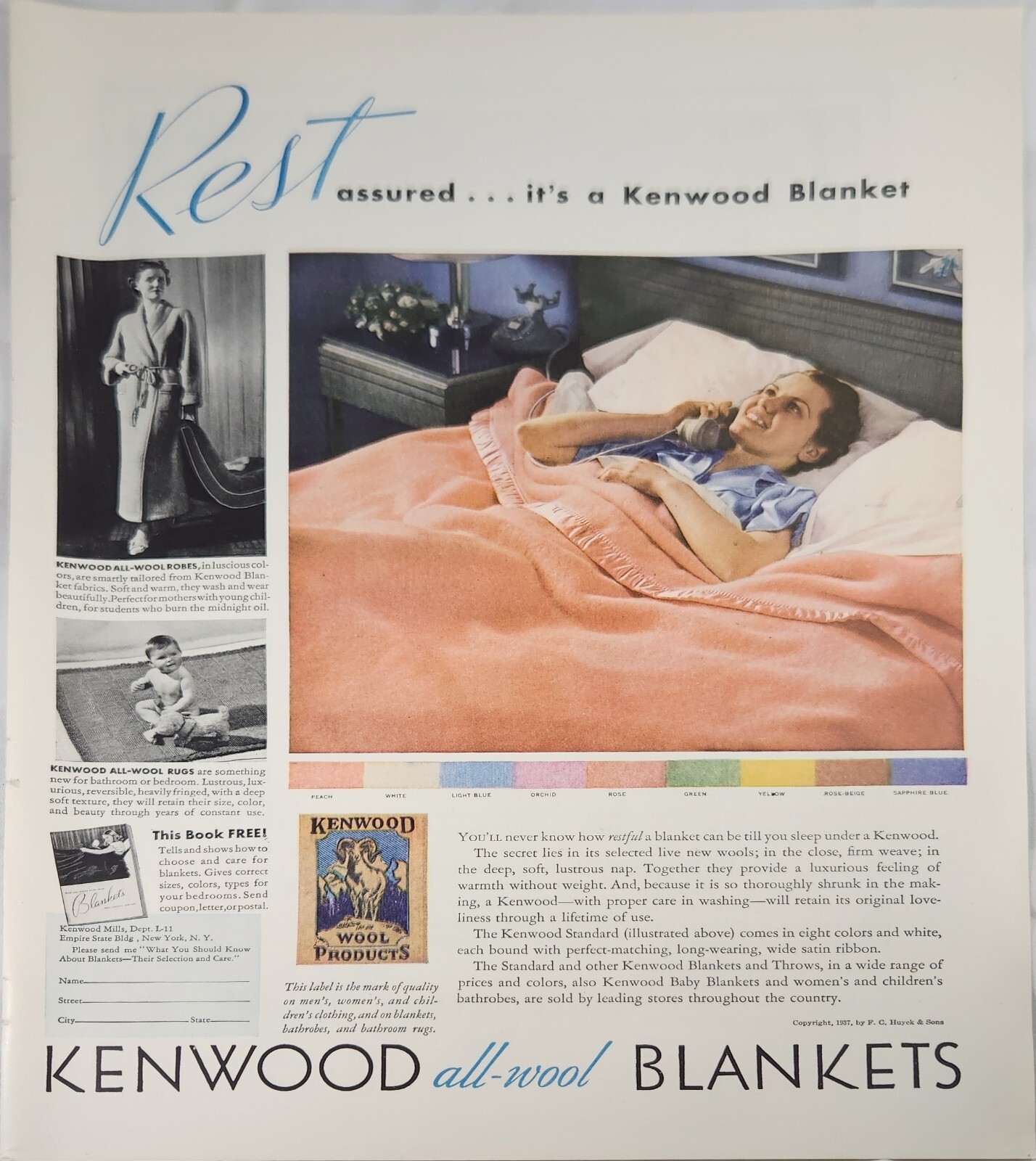 1937 Kenwood all wool blanket Vintage Ad rest assured 14x11