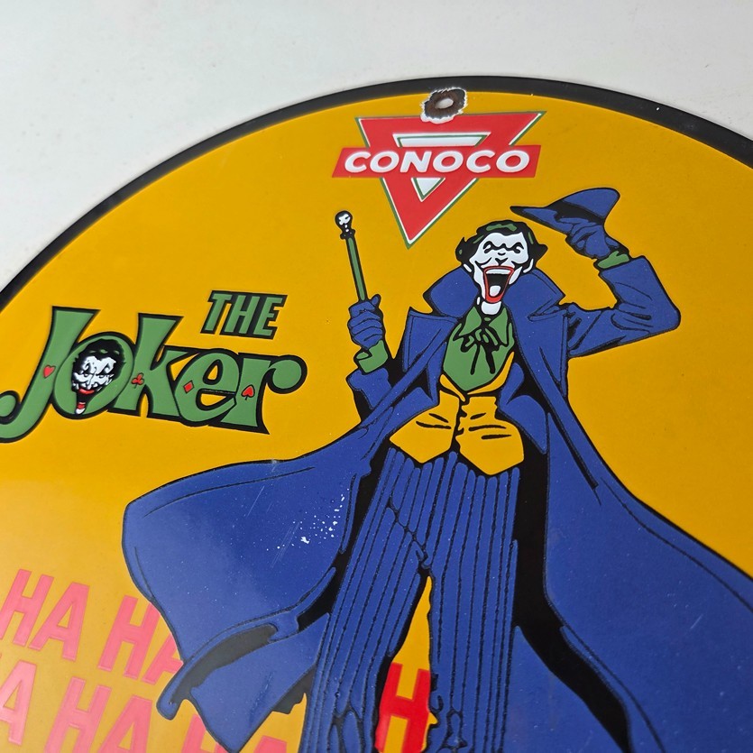 Vintage Conoco Gasoline Porcelain Sign - Joker Batman N-Tane Comic Gas Pump Sign