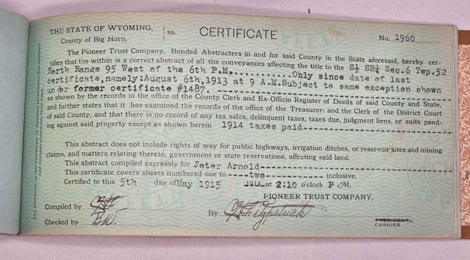 1960 Abstract Of Title Big Horn County Wyoming