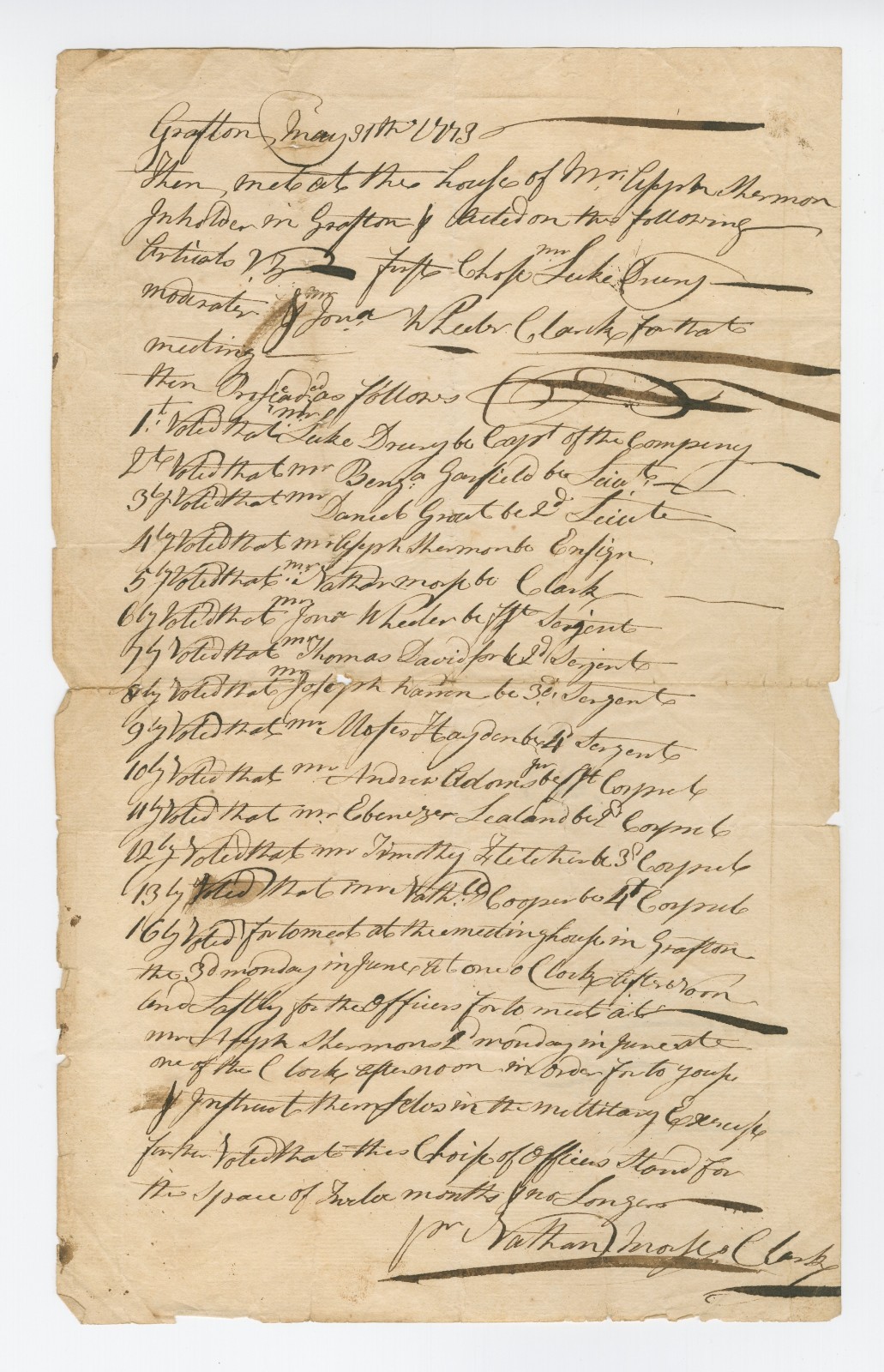 1773 Meeting Minutes Electing Officers of a Minuteman Company!