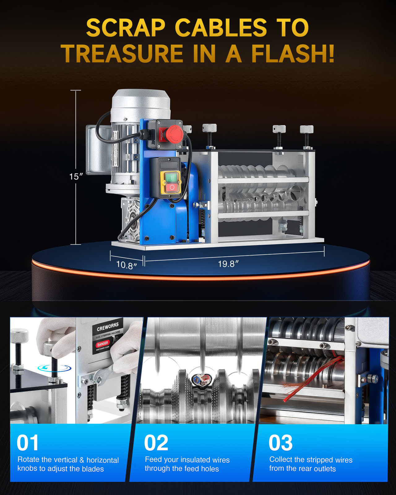 CREWORKS 370W Electric Wire Stripping Machine 0.06-1.5in Power Cable Stripper