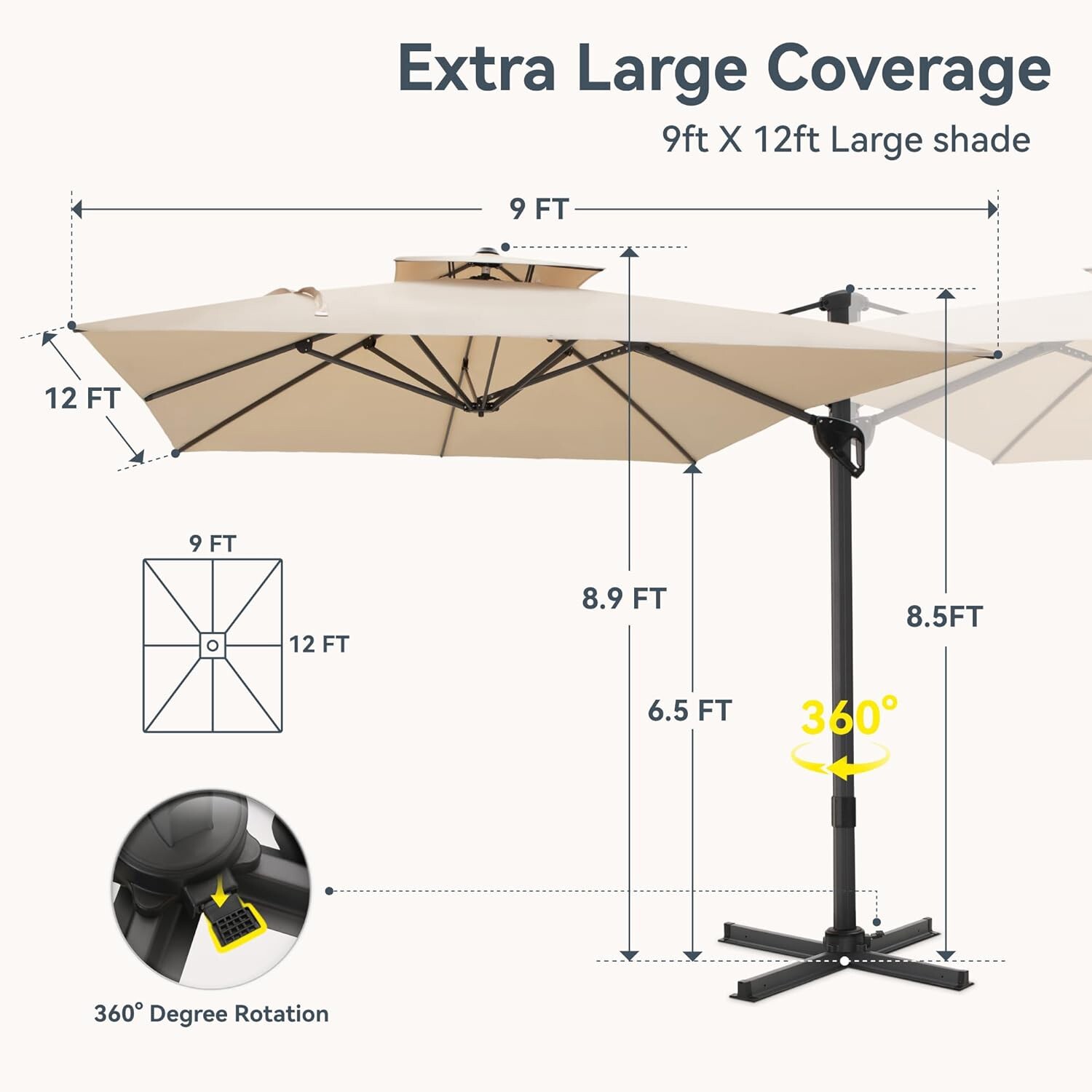 9x12 ft Cantilever Patio Umbrella Outdoor Large Square Umbrellas w/ 360°Rotation