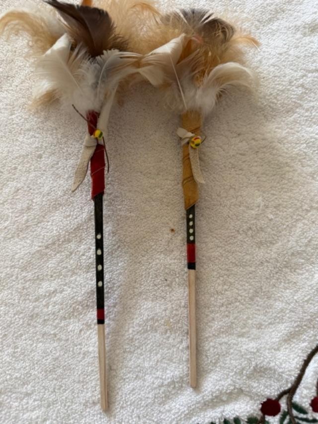 Lot of 2 Native American Indian Talking Sticks 10" Feathers