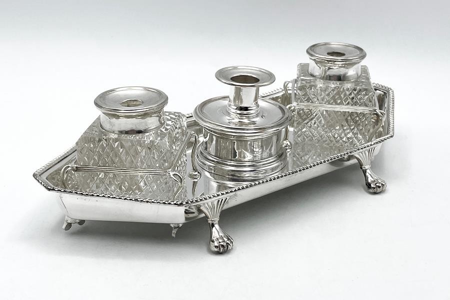 DESK INKSTAND SILVER PLATED ANTIQUE LION PAW FEET