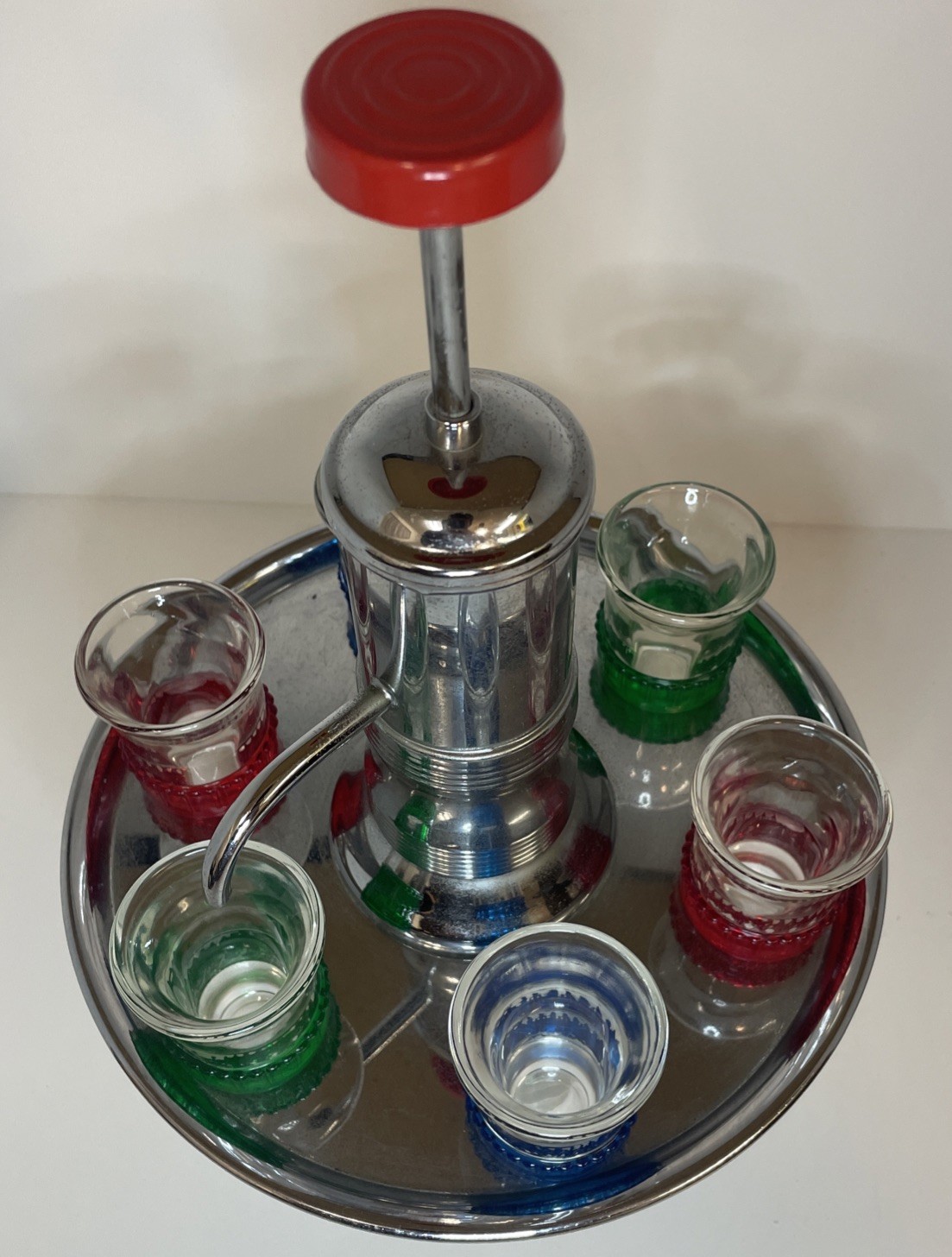 Vintage Park Sherman MCM Liquor Dispenser w/6 Shot Glasses Rotating Chrome Tray