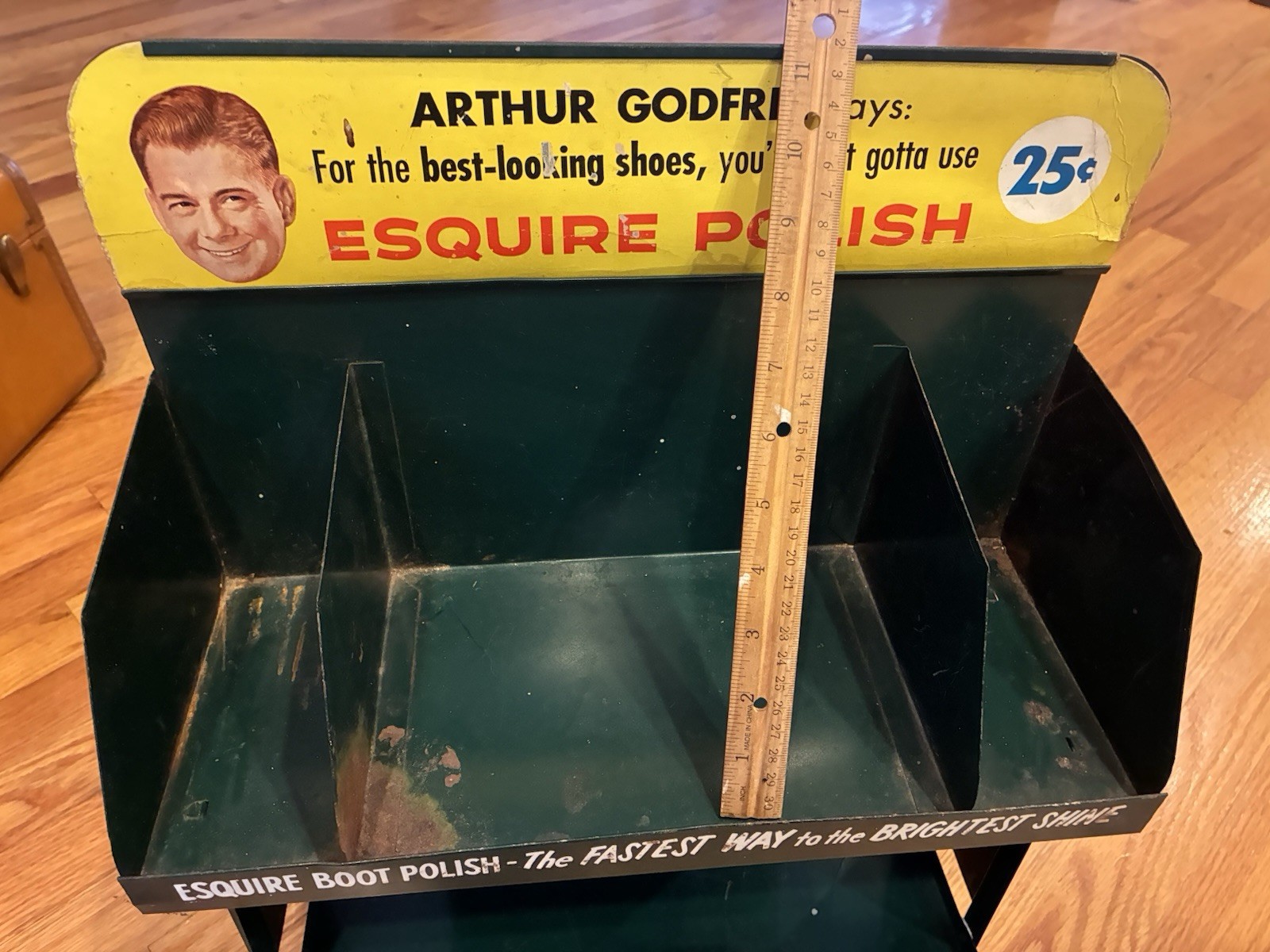 VINTAGE Esquire Brushless Shoe Polish Arthur Godfrey Store Counter Metal Display