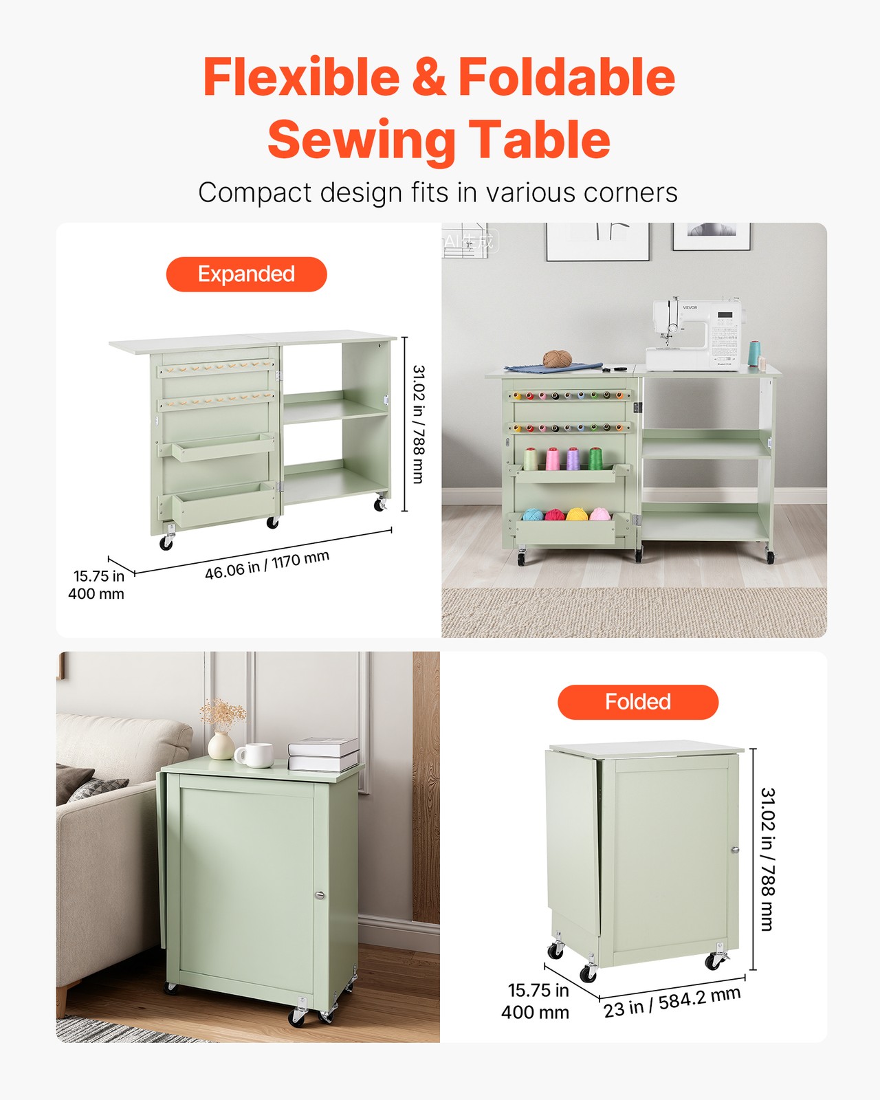 VEVOR Folding Sewing Table Multipurpose Sewing Machine Table Compact Light Green