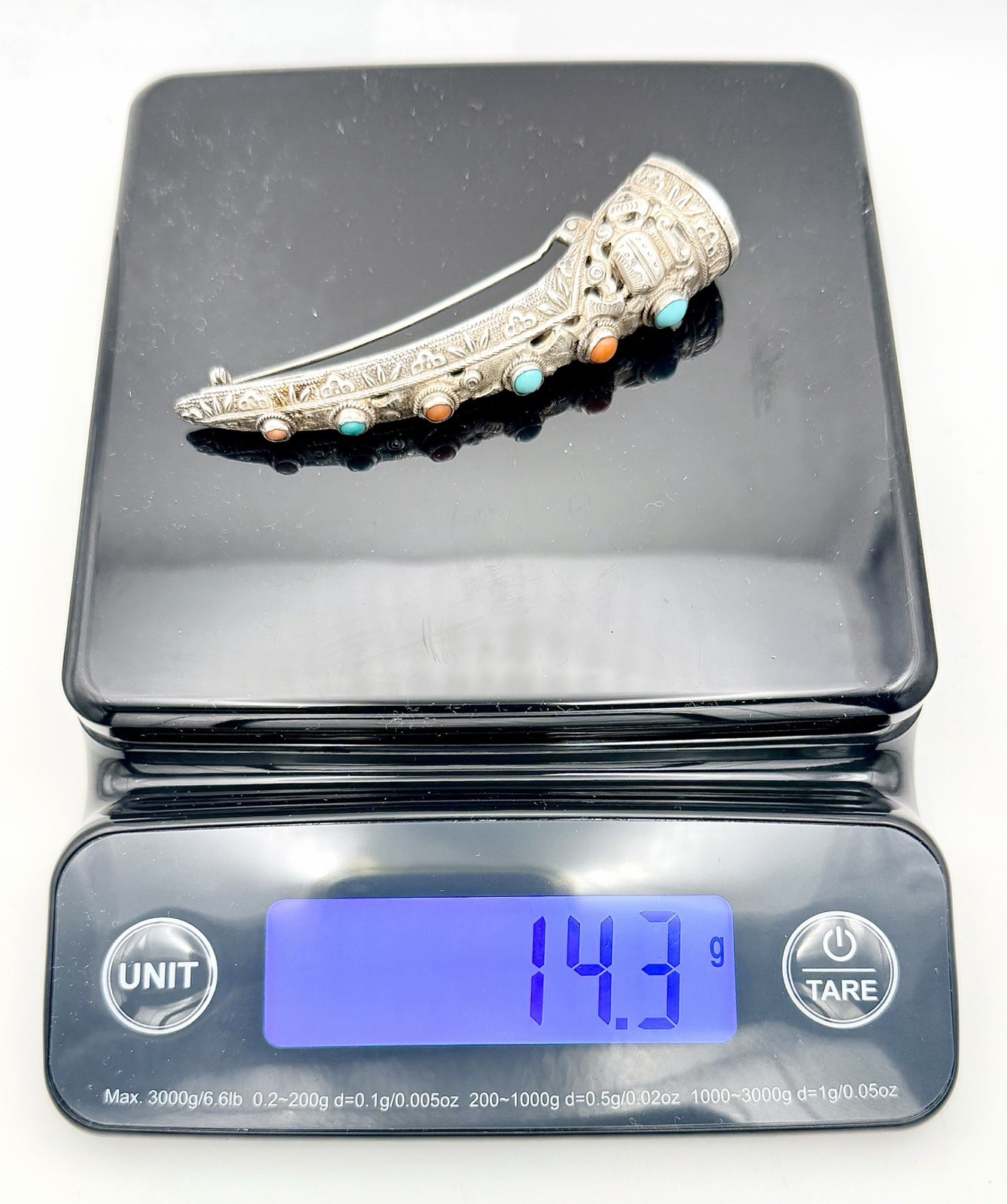 Antique Silver Chinese Finger Nail Guard / Protector Pin Rare Coral & Turquoise