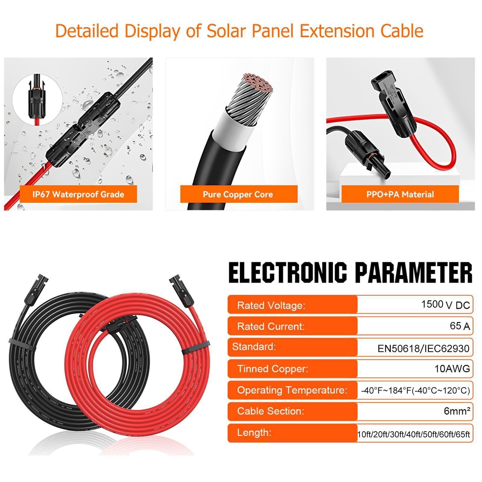 1 Pair Black+Red Solar Panel Extension Cable Wire Solar Connectors 10 AWG Gauge