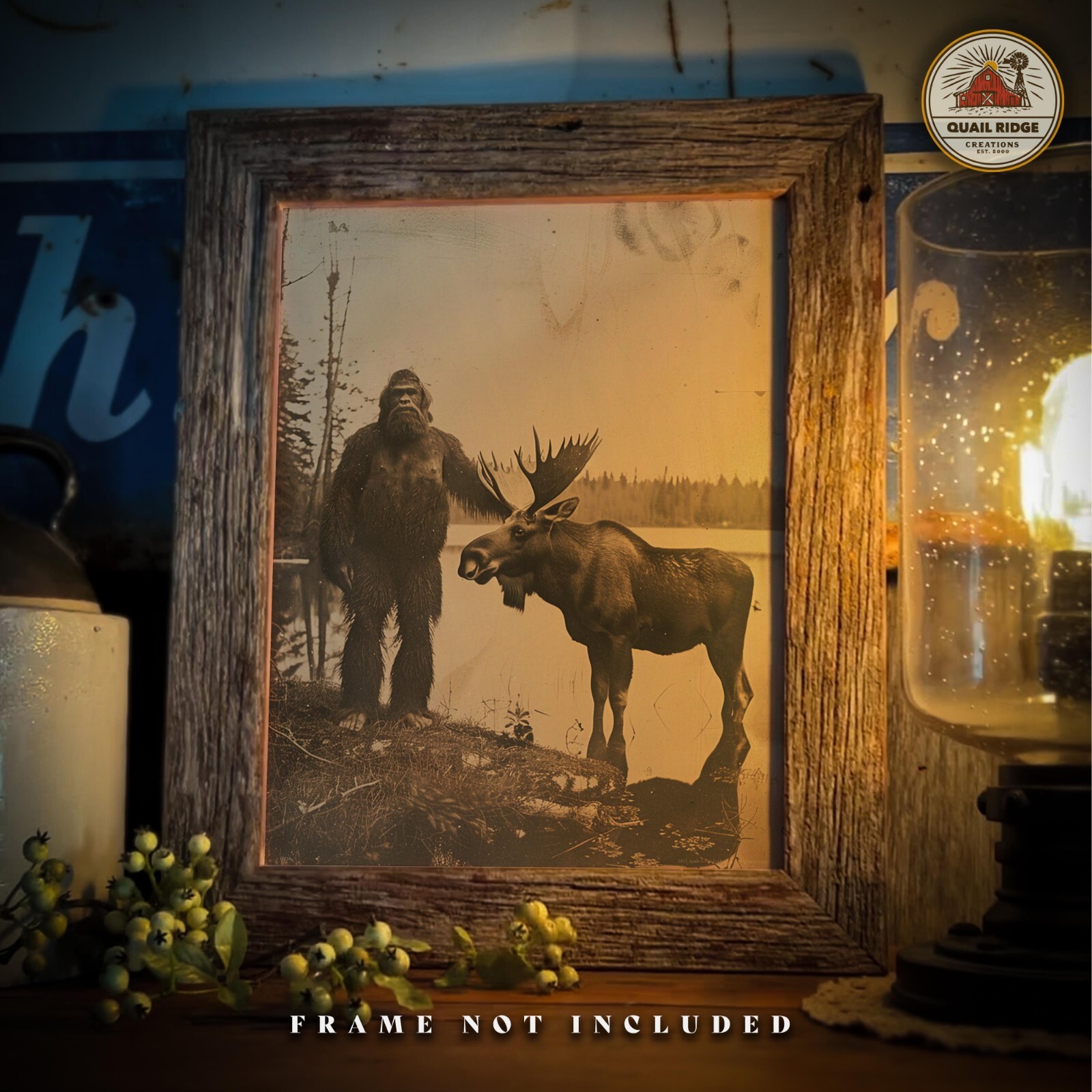 Vintage Bigfoot Sasquatch Moose Photography Art Print Deer Hunting Cabin Artwork