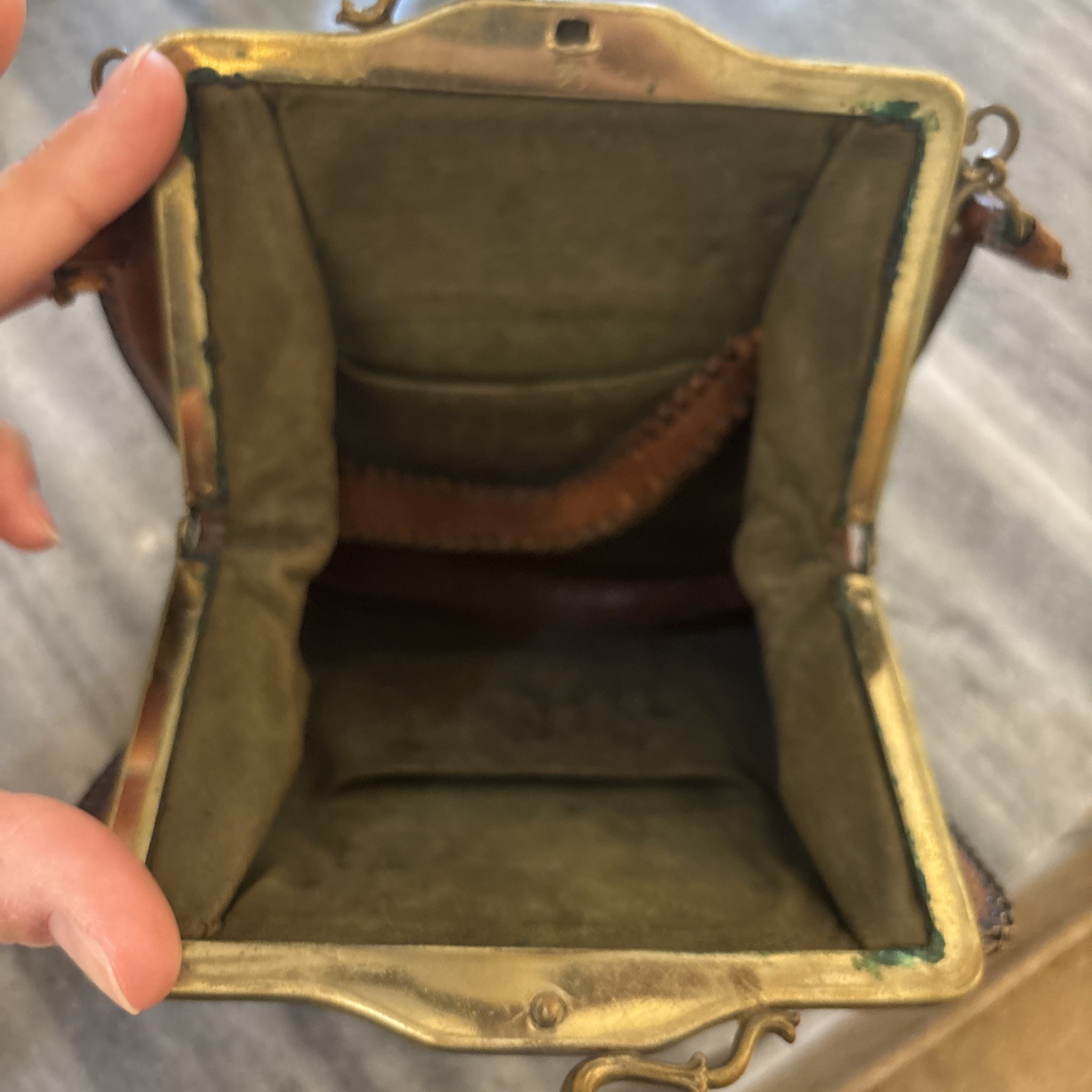 Antique TOOLED LEATHER PURSE Art Nouveau Stylized Lily Suede Inside