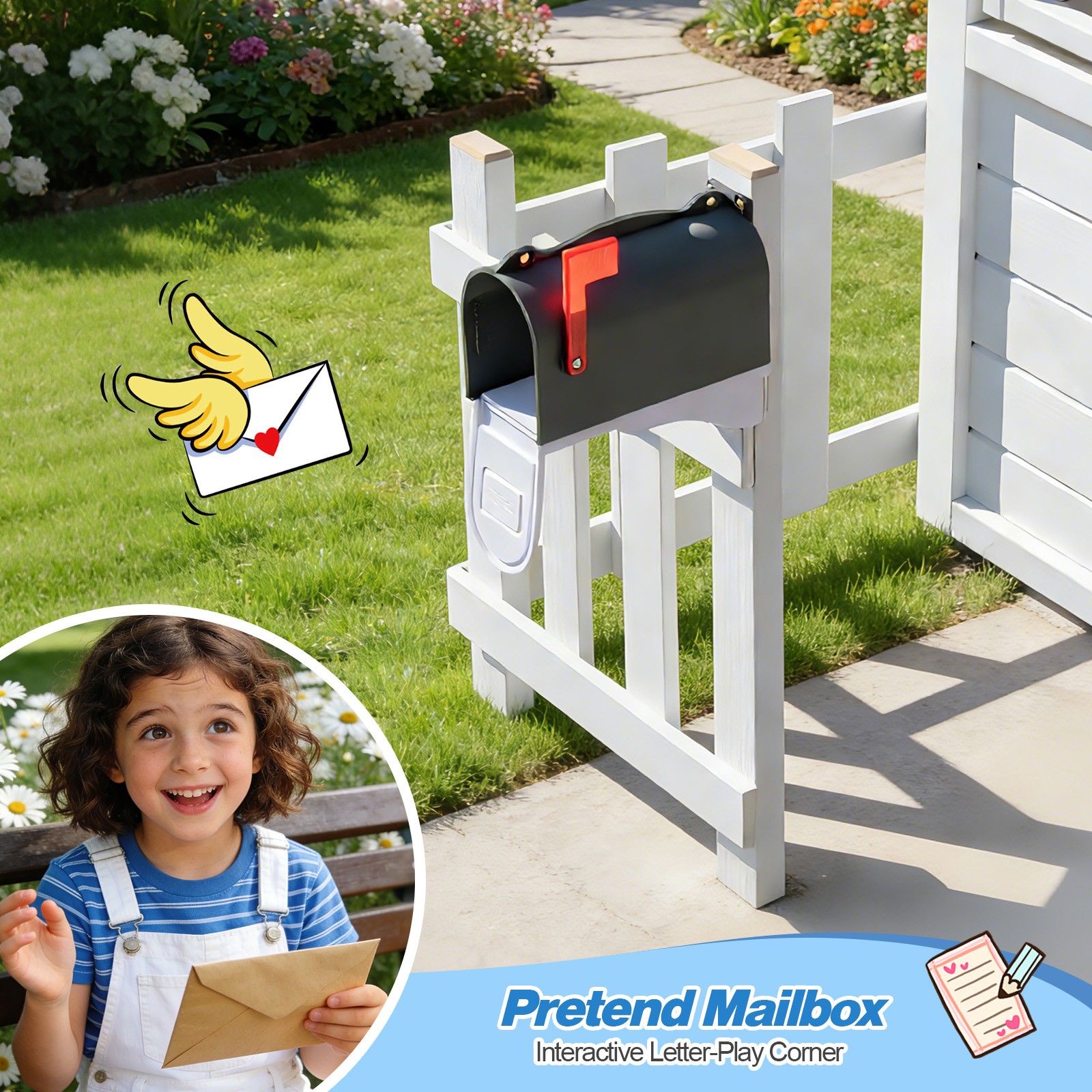 Wooden Kids Playhouse Cottage Play Kitchen,Bench,Mailbox,Tic-Tac-Toe,Chalkboards