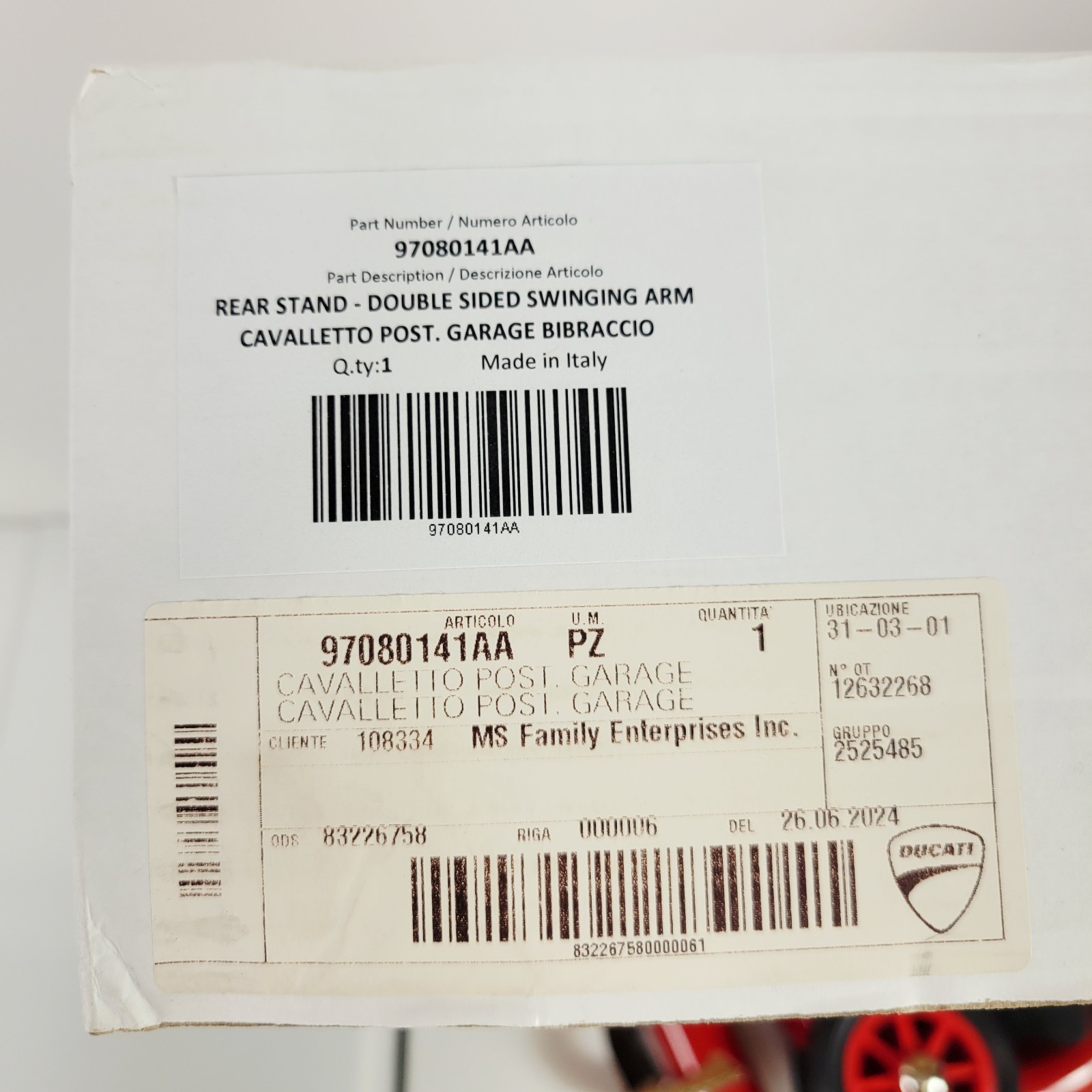 Genuine Ducati Rear Paddock Stand 97080141AA Double Swingarm Models OEM - Red