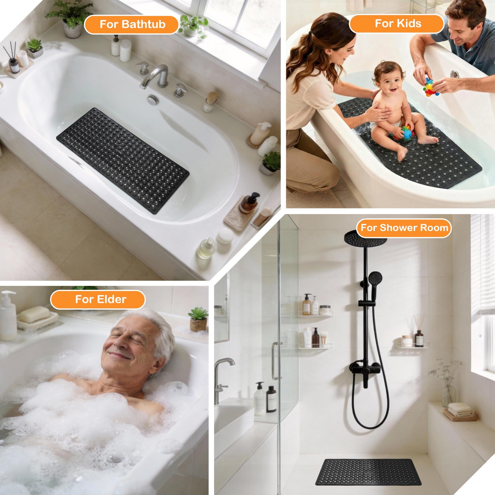 Yimobra Bathtub Mat Non Slip, 27.5"x15.5" Machine Washable 27.5 x 15.5, Black