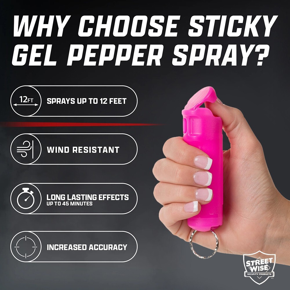 Streetwise STICKY GEL Pepper Spray (2 Pack) 1/2oz Flip Top Keychain Defense PINK