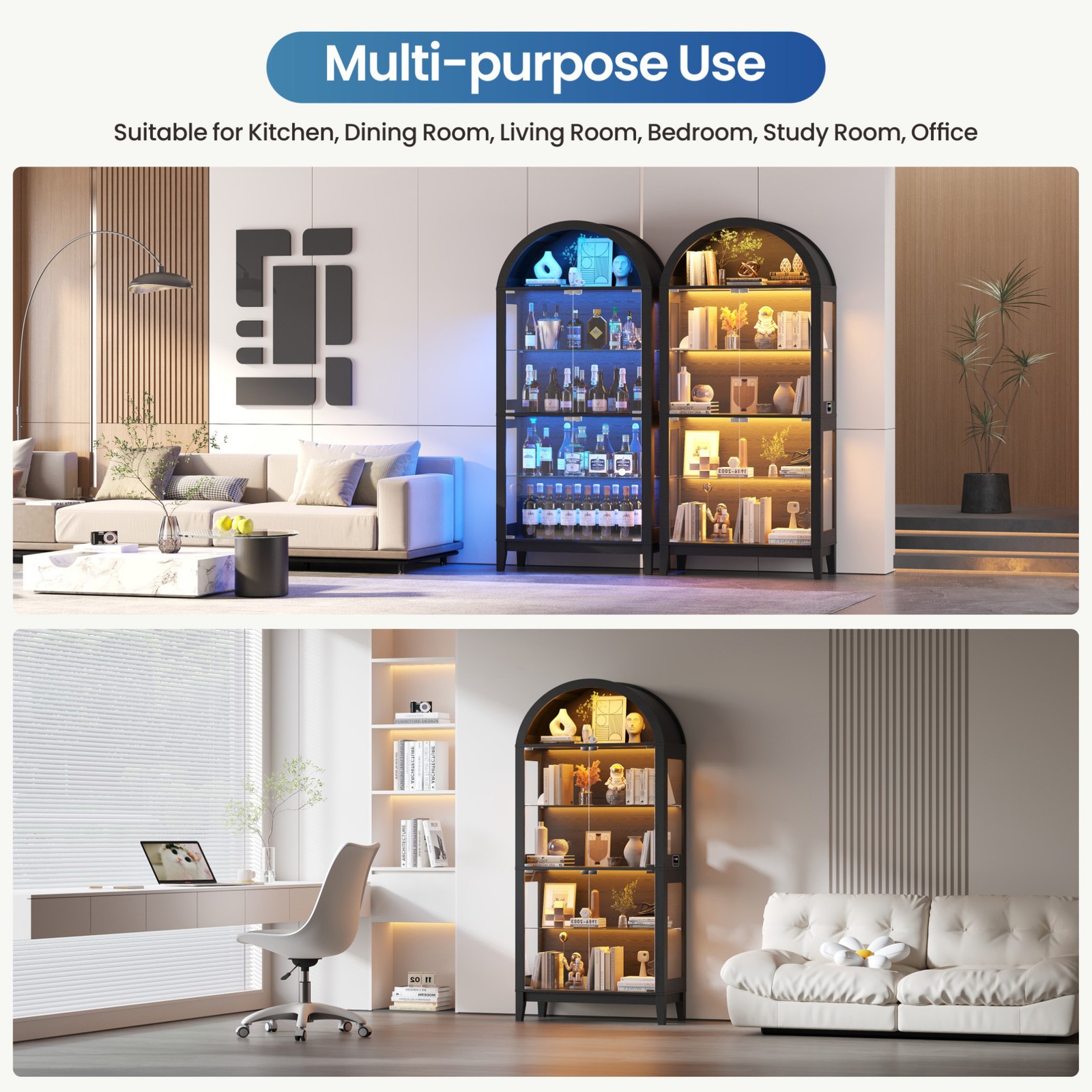 Black Curio Cabinet with Glass Doors, 69" Arched Display Cabinet with RGB Lights